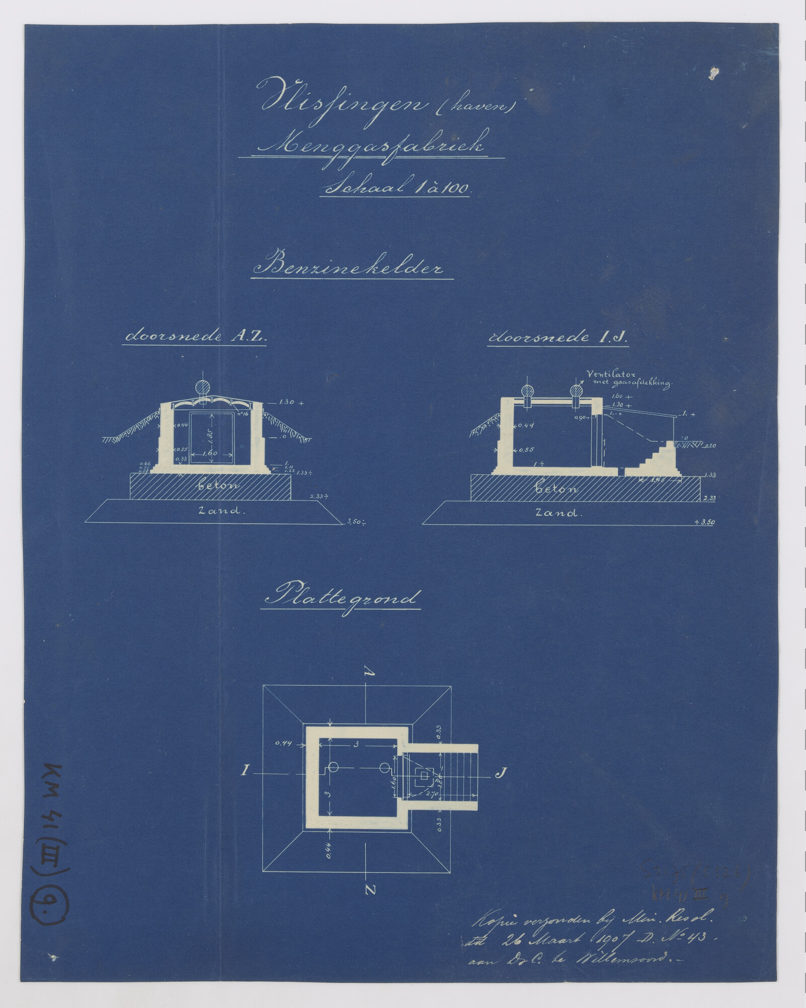 S.2175(5326); Doorsneden van de benzinekelder van de menggasfabriek te Vlissingen; technische tekening