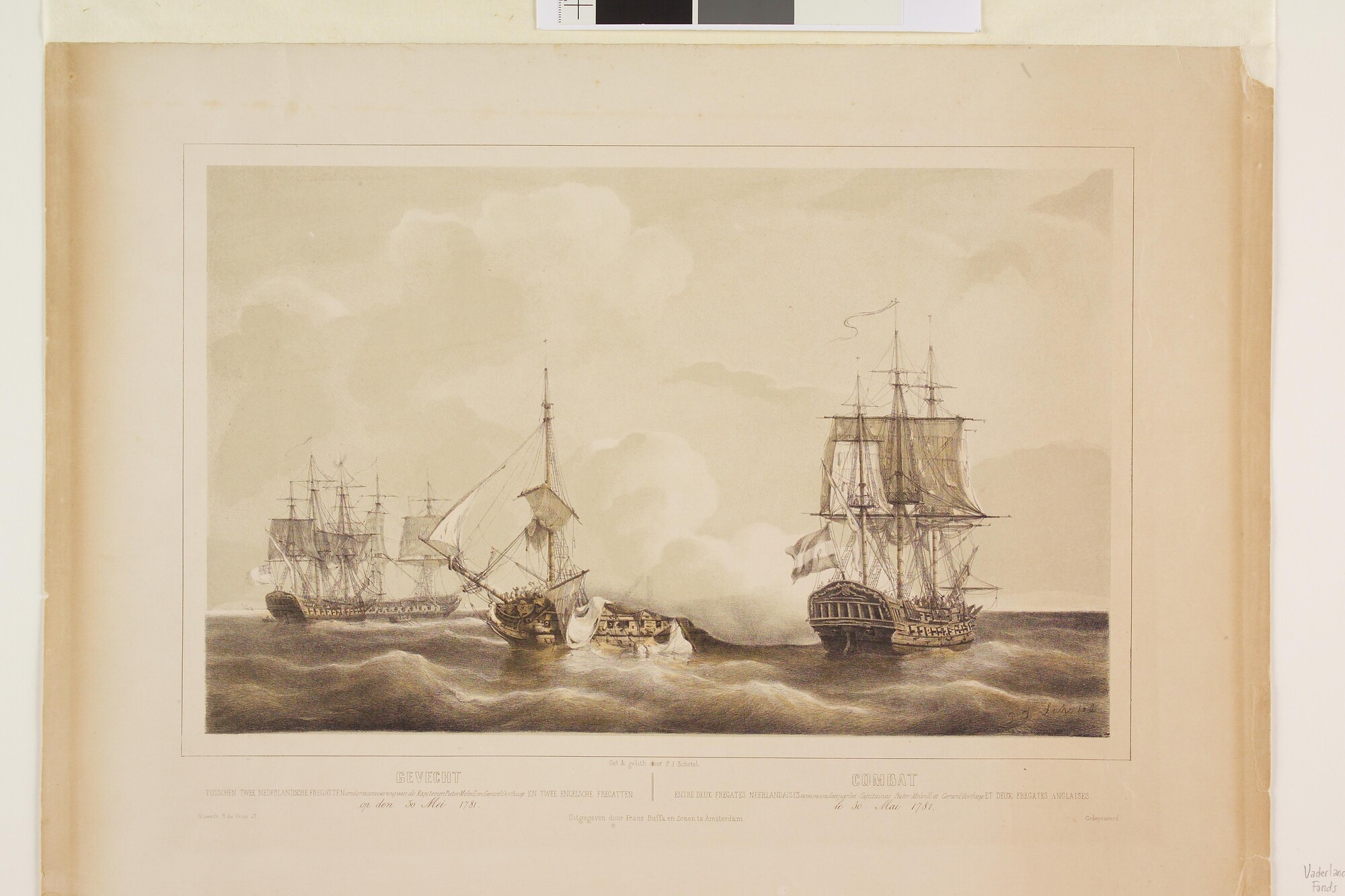 1991.0049; Gevecht op 30 mei 1781 bij Kaap Sint Marie tussen Engelse en twee Nederlandse fregatten, onder aanvoering van Mellville en Oorthuijs; prent
