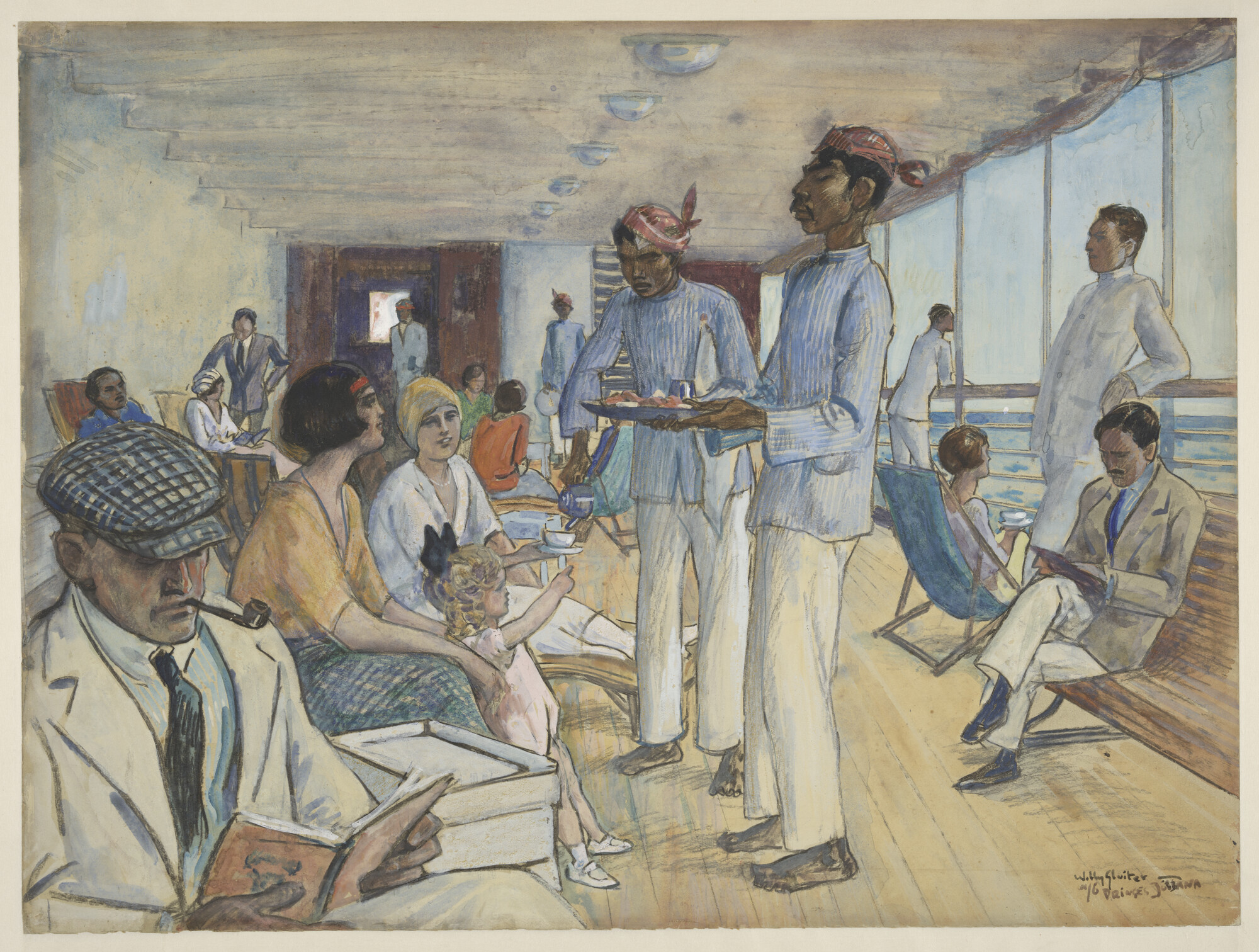 A.4937; 'Afternoon tea aan boord.' Afternoon tea aan boord van het passagiersschip ss. "Prinses Juliana''; tekening