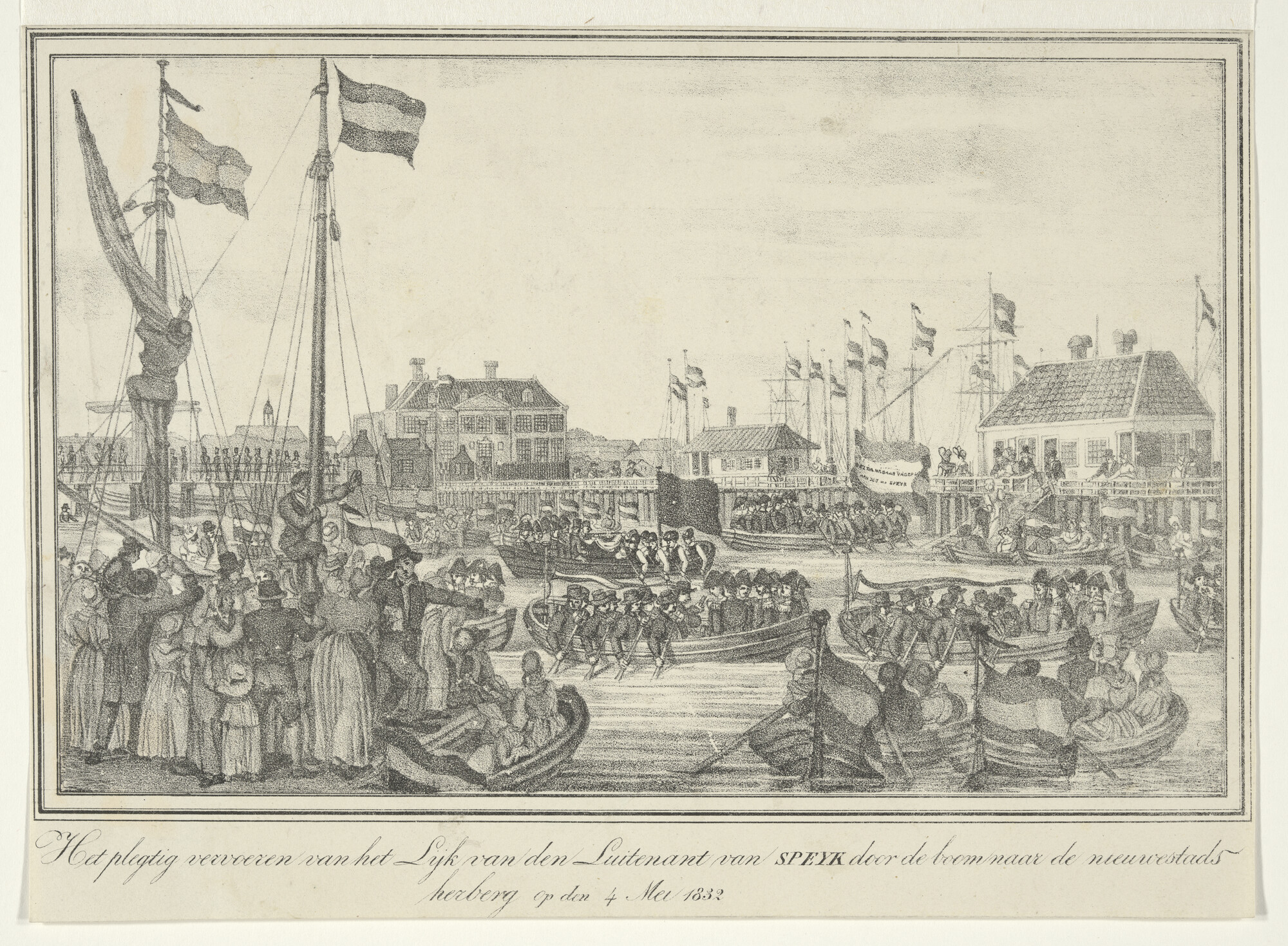 A.0356(52)08; Plechtige lijkvaart van Van Speyk met rechts de nieuwe Stadsherberg en in het midden de lijkstoet; prent