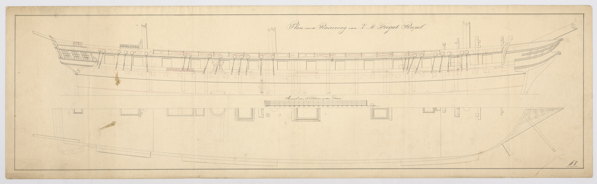 S.1214(0115); Zijaanzicht van het fregat Zr.Ms. 'Rupel'; technische tekening