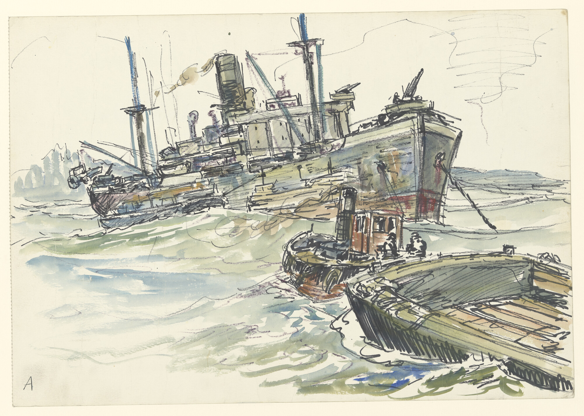 A.4917(02); Lossen van bulldozers bij Pine Island, van het KPM-schip "Karsik", 1942; tekening