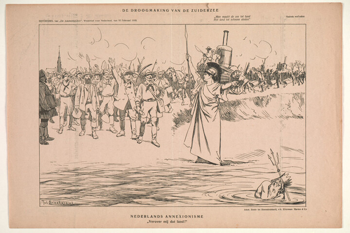 1990.0975; De droogmaking van de Zuiderzee; prent