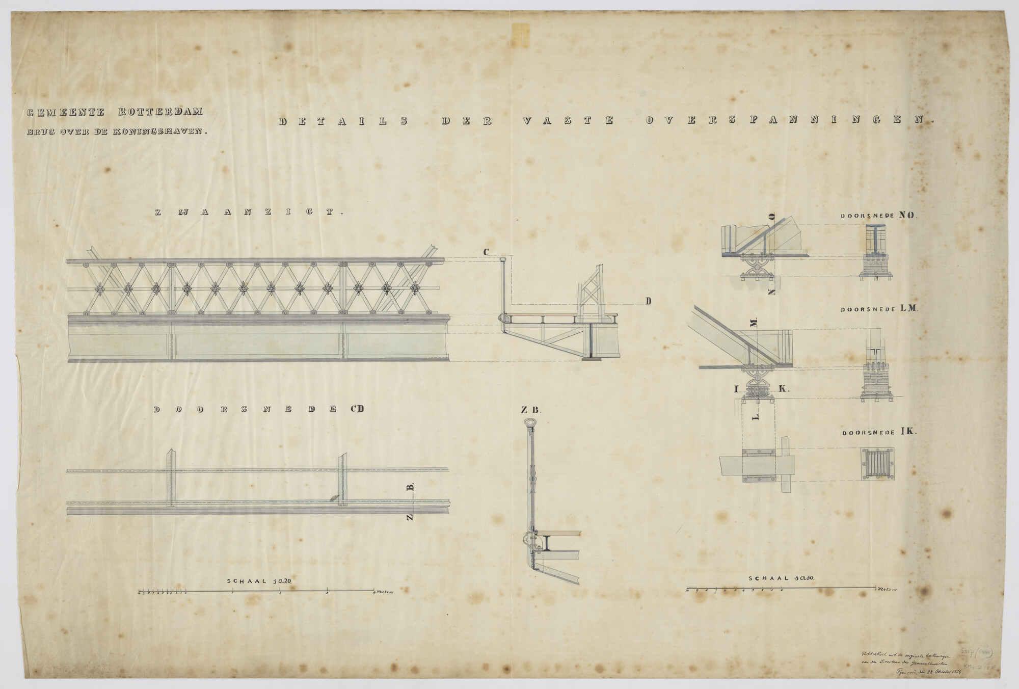 S.2175(5442); Doorsneden en aanzichten van details van de brug over de Koningshaven te Rotterdam; technische tekening