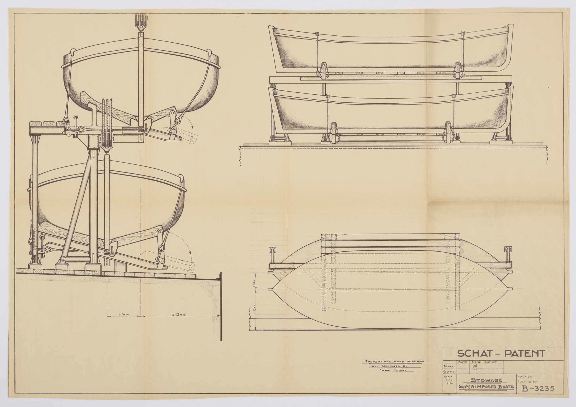 2015.5209; Het plaatsen van twee sloepen boven elkaar in davits met het Schat-Patent; technische tekening