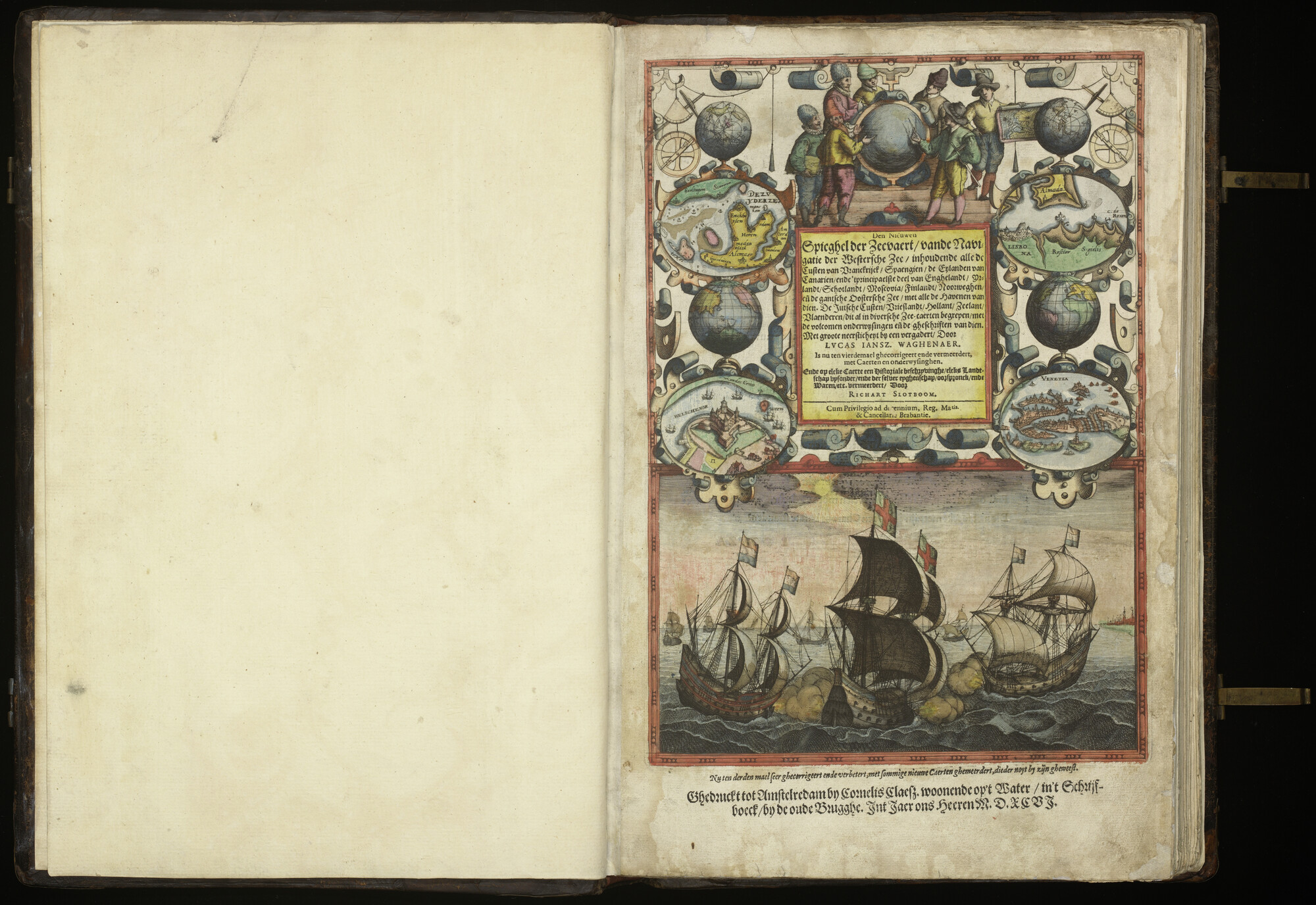 A.3327 [kaart 001]; Voorblad van de atlas "Den nieuwen spieghel der zeevaert" met diverse inzetkaarten; kaart
