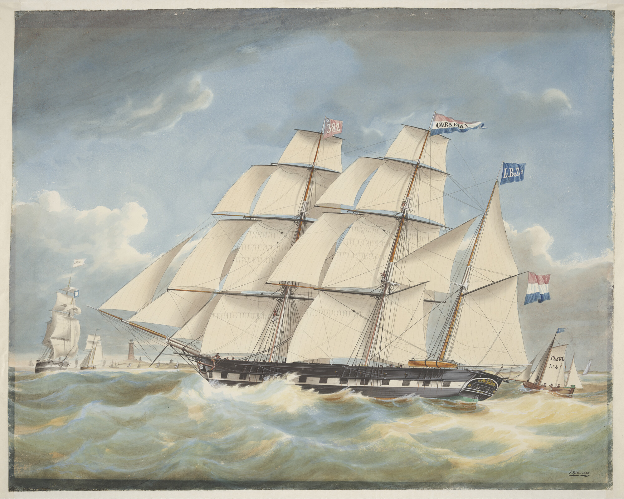 S.1714(03); Het barkschip Cornelia en de loodsboot Texel No 4 op de rede van Texel; tekening
