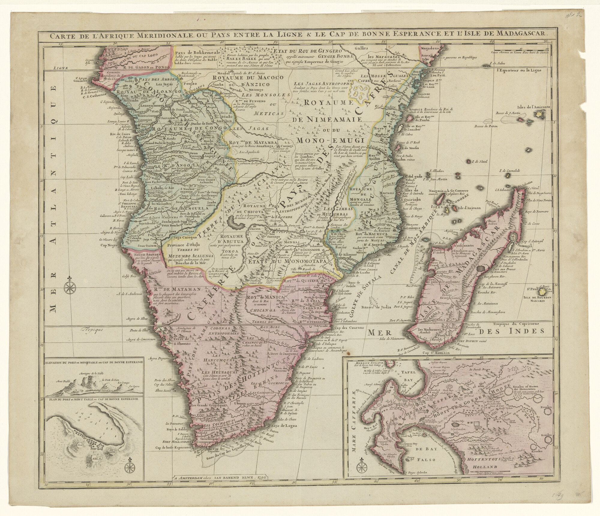 A.0145(193)22; Met de hand gekleurde kaart van Afrika met Madagaskar, bezuiden de equator, uitgegeven 1792; landkaart