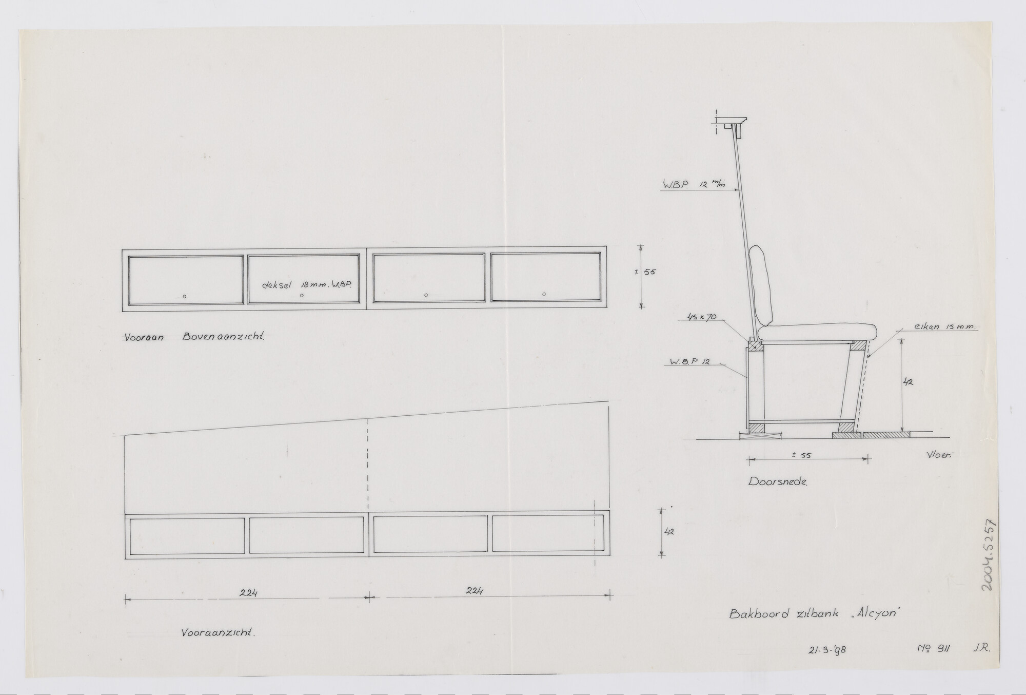 2004.5257; Schets bank hoogaarsjacht Alcyon II; technische tekening