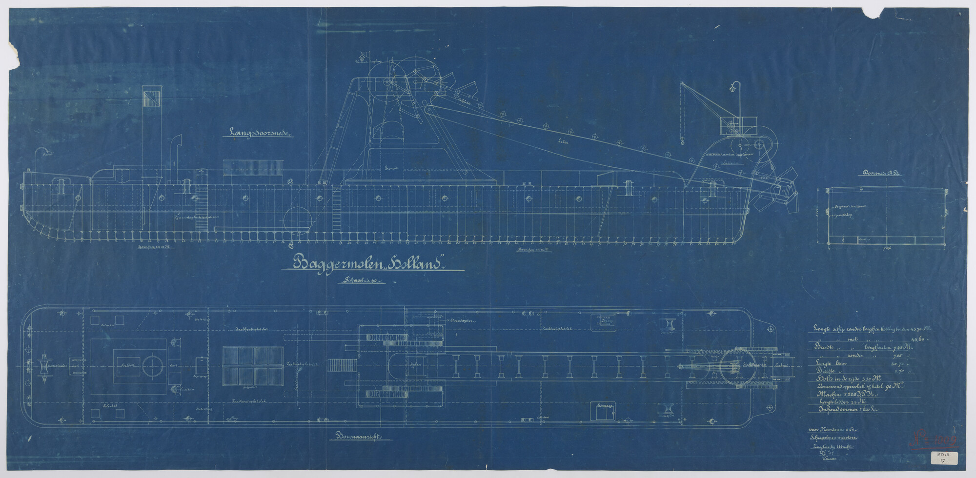 S.5181(701); Algemeen plan van de baggermolen 'Holland'; technische tekening