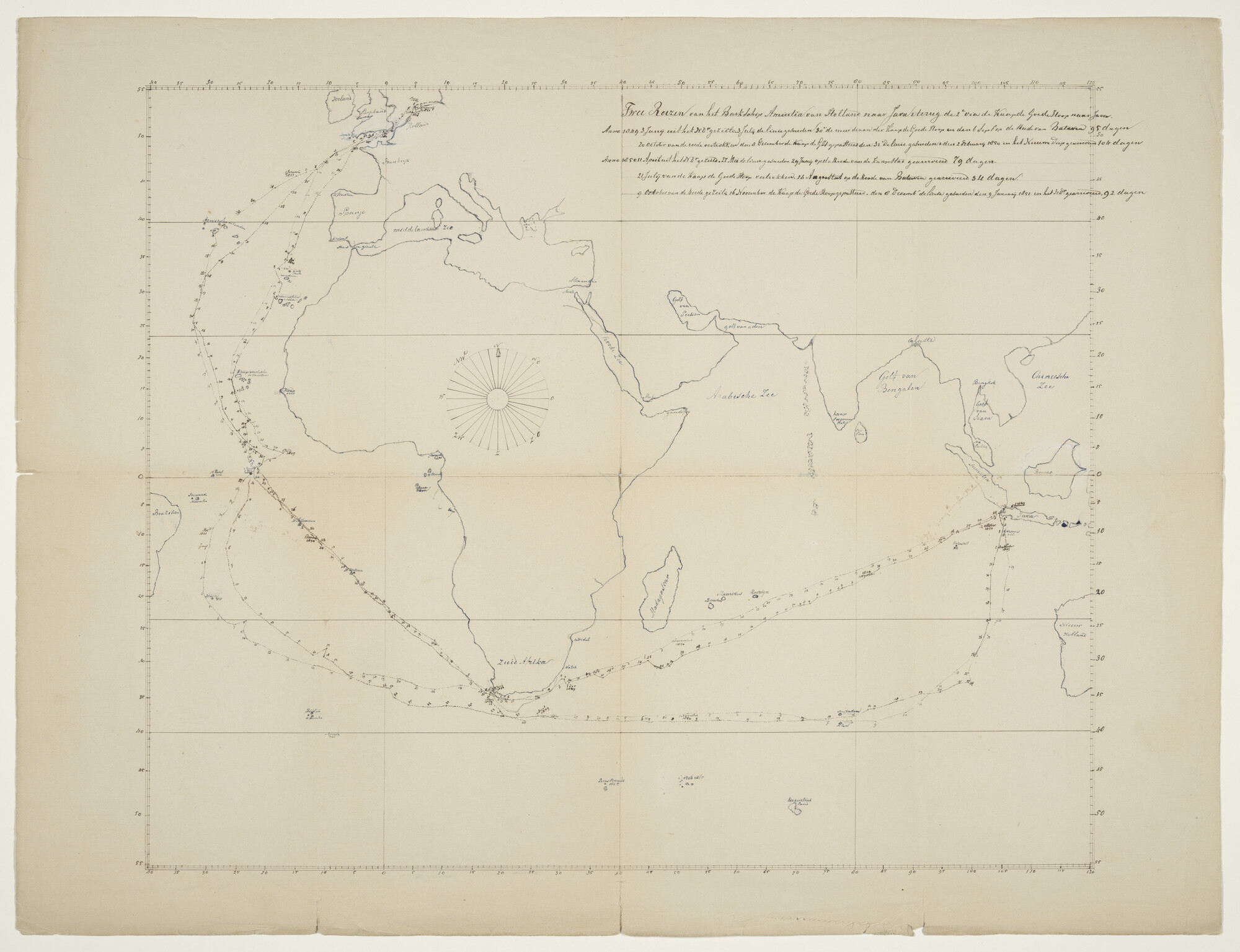 1998.2078; Bestekkaart op Mercator projectie, van twee reizen van het barkschip 'Amicitia', van Nederland naar Java en terug, in 1849 en 1850; zeekaart