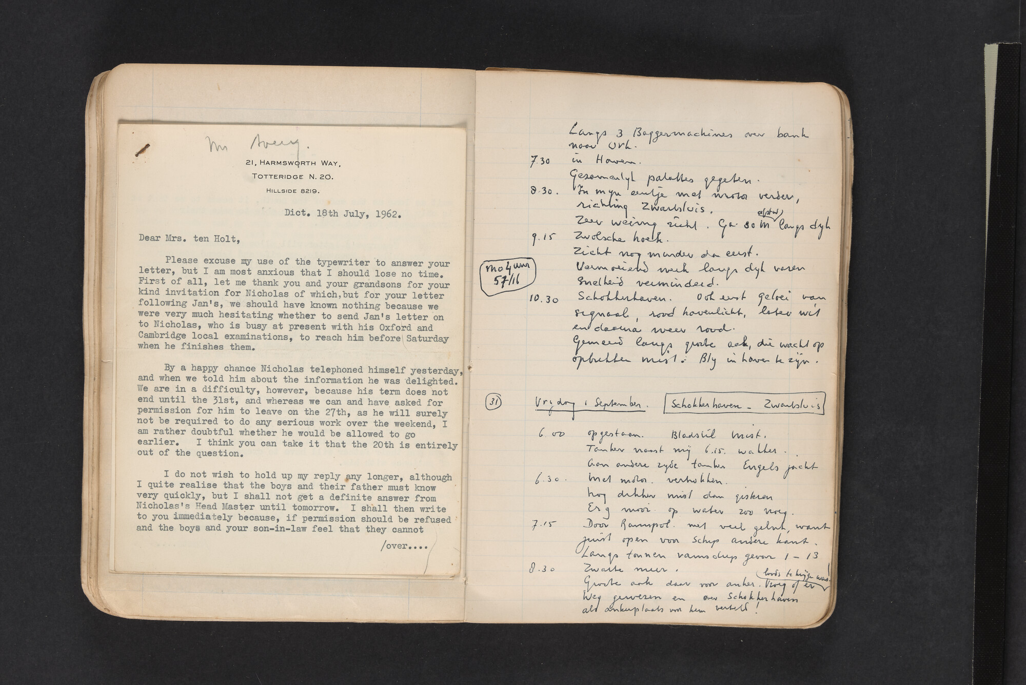 2017.0794; Logboek c.q. fotoalbum van reizen met zeeschouw Grutto in Nederland, 1961-1962; logboek