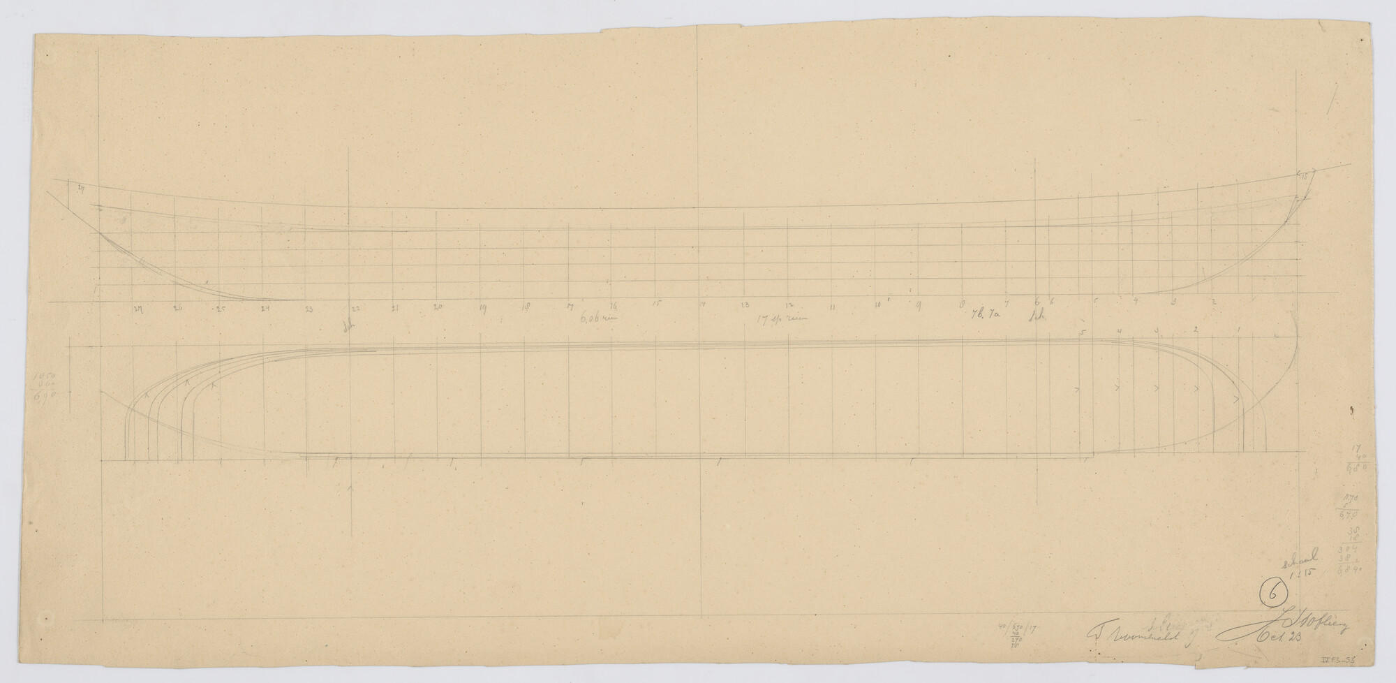S.1225(03)10; Lijnenplan van een aak of vlet, oct. 1923; technische tekening