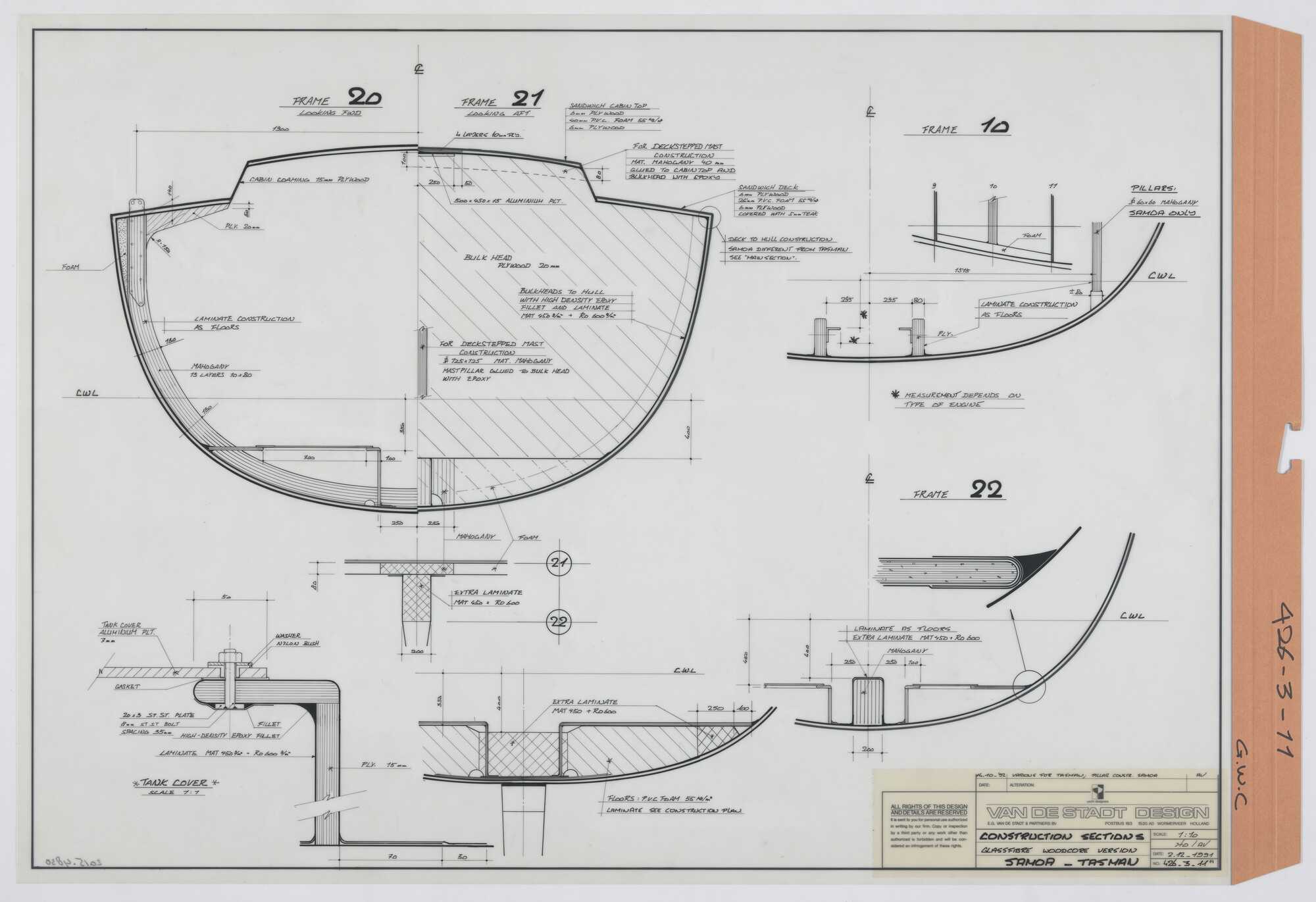 2015.4830; Constructieplan spanten Van de Stadt 47' - Samoa, glassfibre woodcore versie; technische tekening