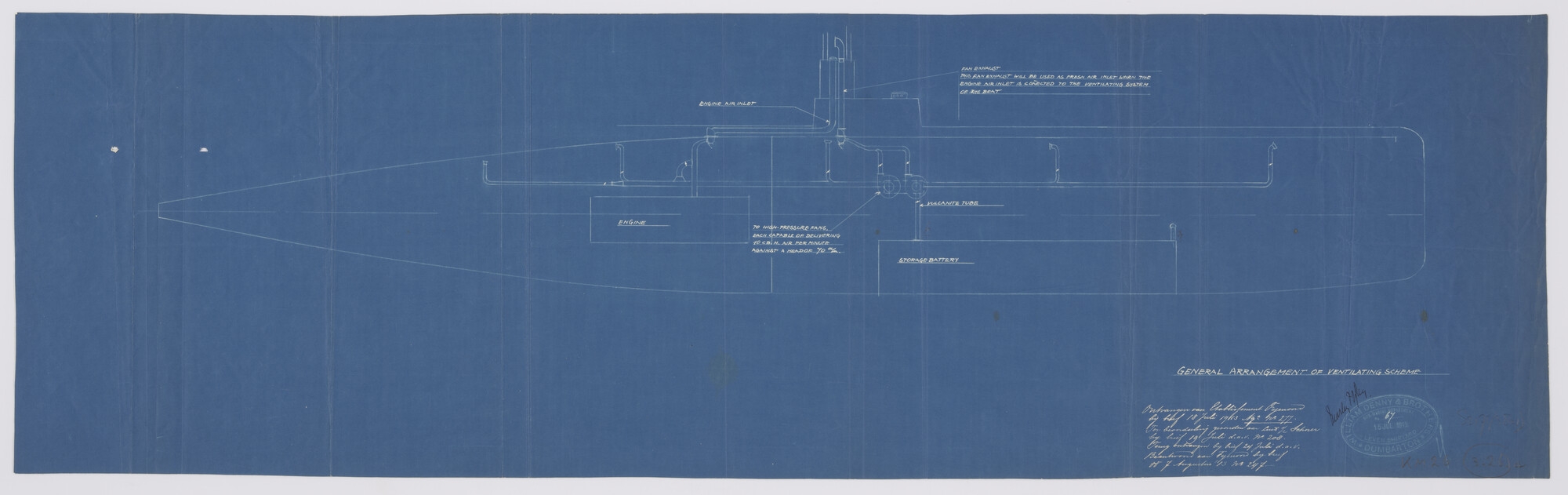 S.2175(3801); Ventilatieplan van de onderzeeboot type H.2001 waarnaar  de onderzeeboten Hr.Ms. 'O 6' en Hr.Ms. 'O 7' zijn ontworpen (ontwerp Hr.Ms. 'O 7').; technische tekening