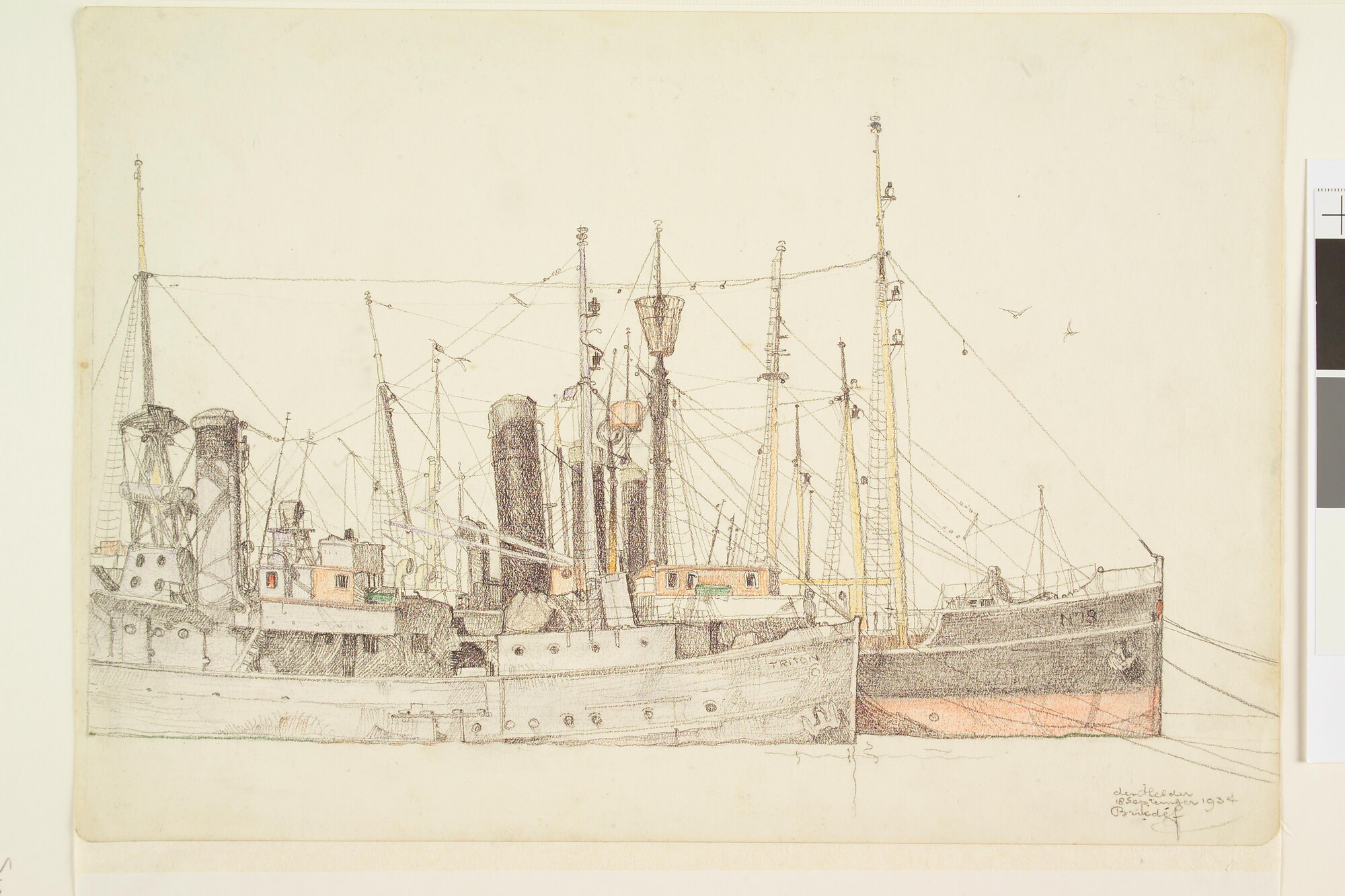 S.4364(01); Het duikschip Triton en de stoomloodsboot No. 18 in de haven van Den Helder; tekening