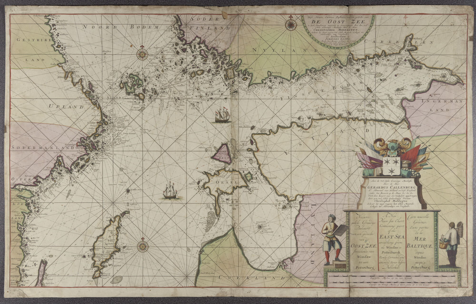 S.0429(08); Met de hand gekleurde zeekaart van een deel van de Oostzee, van Windaw tot St Petersburg, samengesteld door Christoffel Middagten (1659-1723); zeekaart
