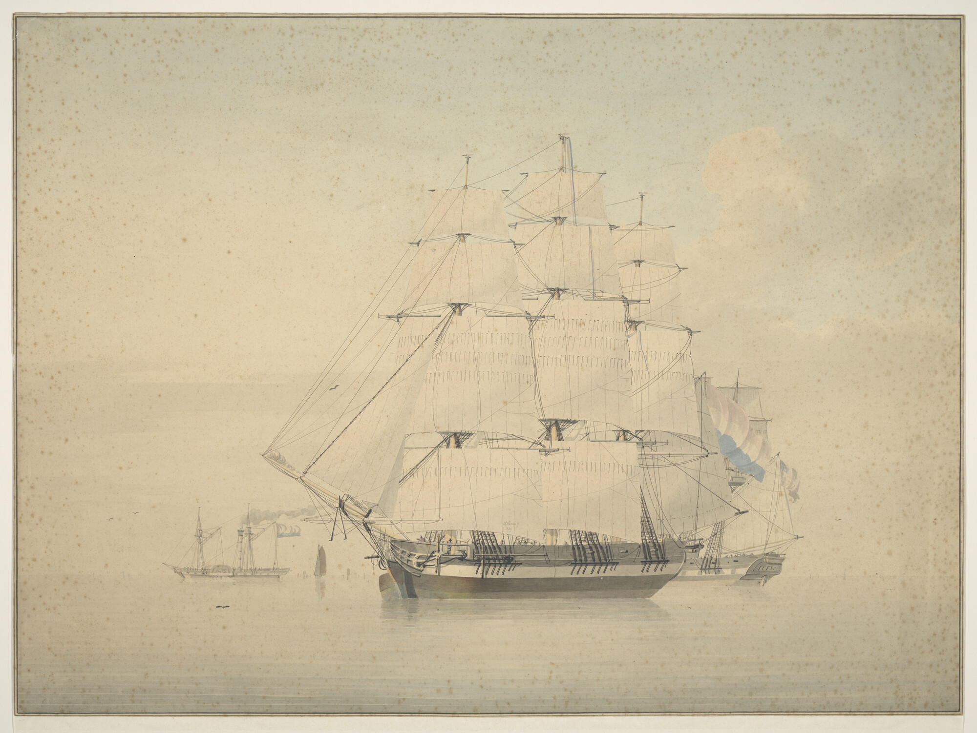 A.2255(02); Twee koopvaardijschepen en een raderstoomschip; tekening