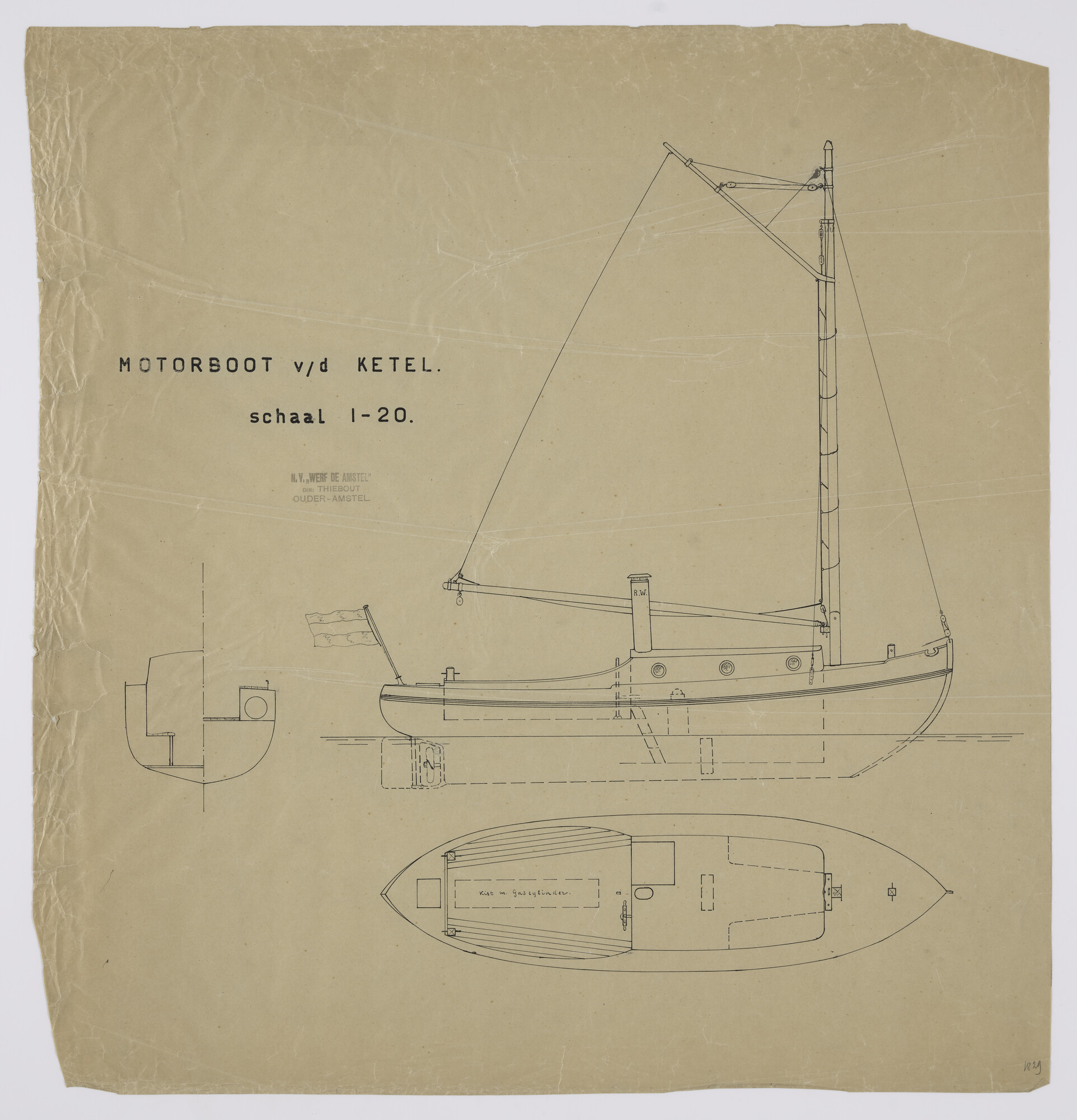 2012.1207; Algemeen plan van de motorboot met zeilvermogen 'Keteldiep' van 8 meter; technische tekening