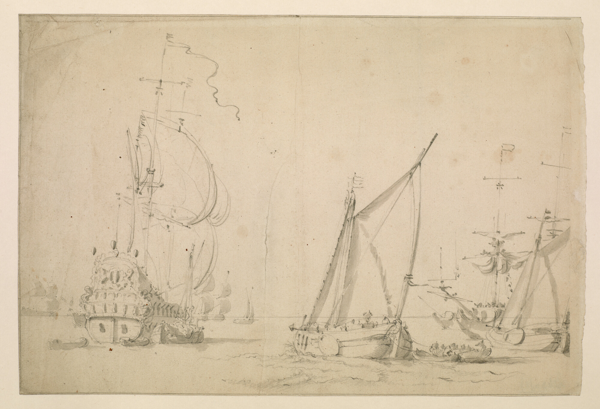 A.2630(01); Het oorlogsschip Dordrecht en andere schepen onder zeil; tekening