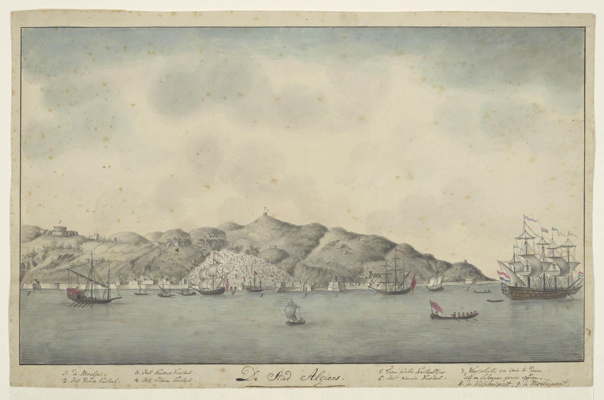 A.0347(02) [nr 0001]; De rede van Algiers met onder meer geheel rechts een Nederlands oorlogsschip; tekening