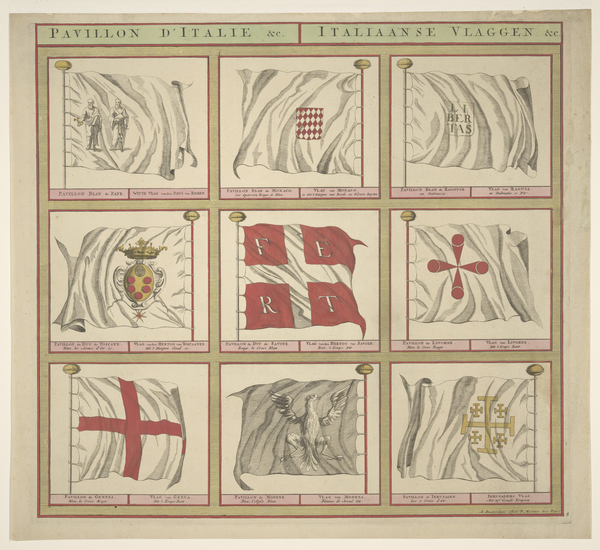 A.0386(03)08; Vlaggenkaart met 9 vlaggen uit een serie van 12 bladen; prent