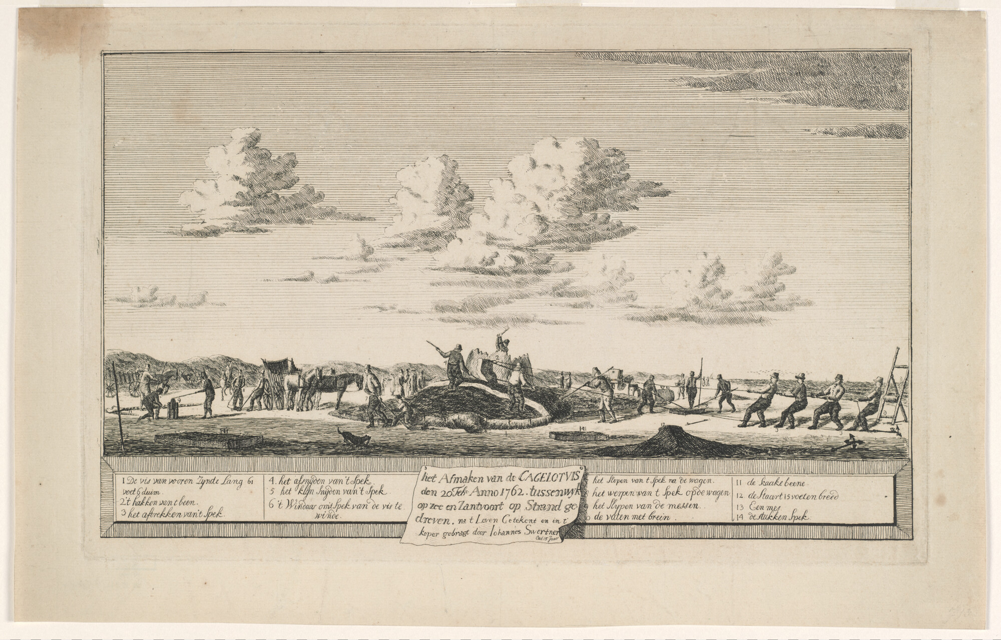 2012.1573; Het afmaken van de Cagelotvis den 20e februari Anno 1762. tussen Wijk op Zee en Zantvoort op Strand gedreven; prent
