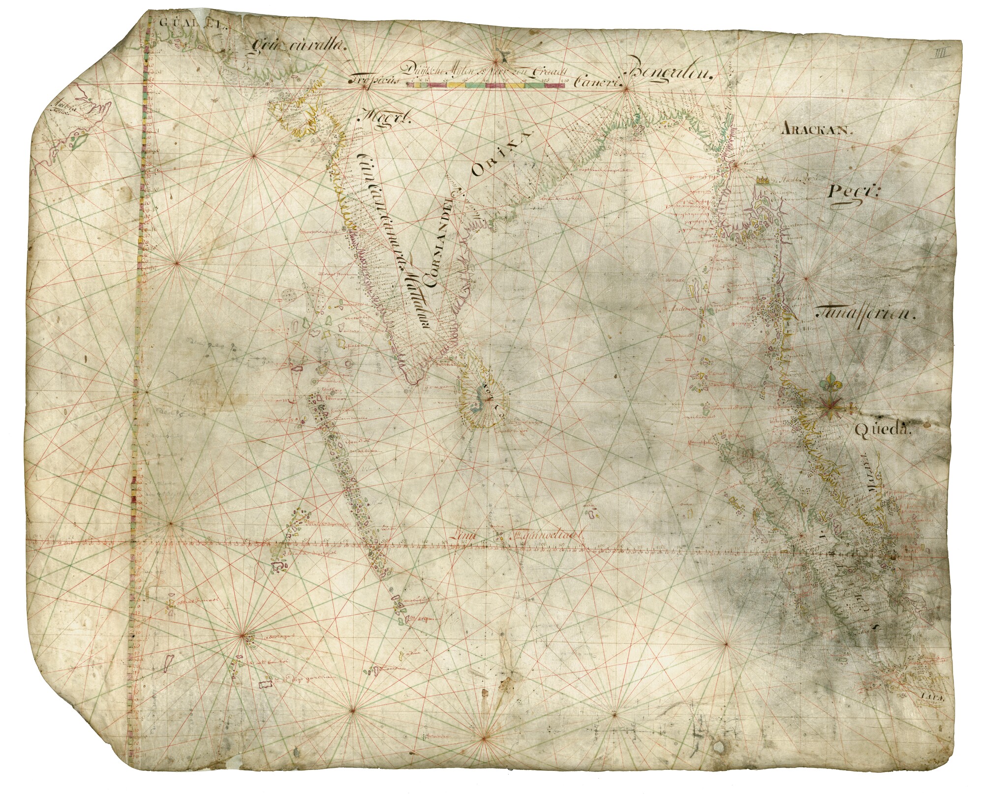 A.0145(127)3; Zeekaart van het noordoostelijk deel van de Indische Oceaan met India, de Golf van Bengalen en Sumatra; perkamentkaart