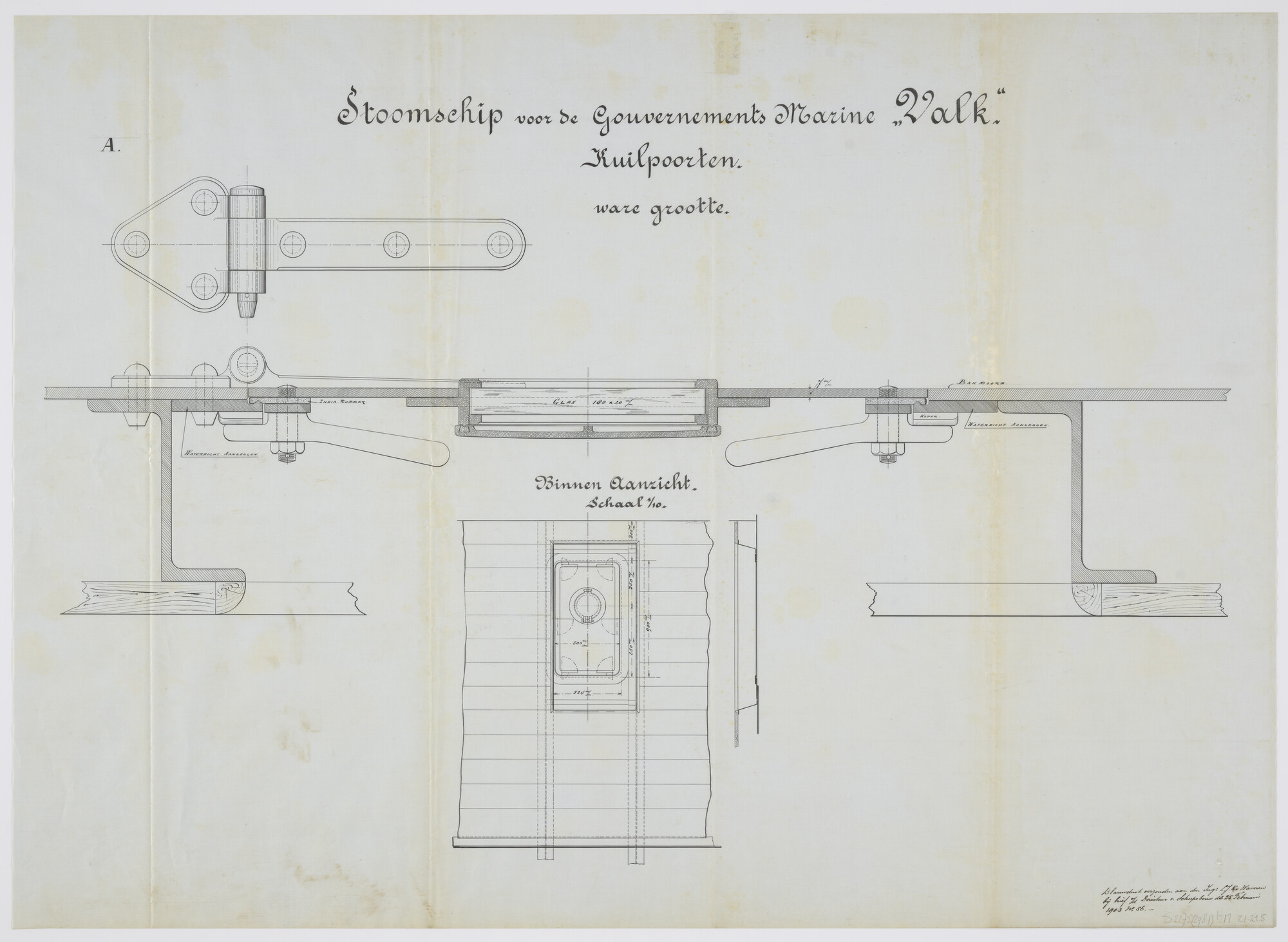 S.2175(2987); Verticale dwarsdoorsnede en binnenaanzicht van een kuilpoort van het stoomschip voor de gouvernementsmarine Hr.Ms. Valk (II); technische tekening