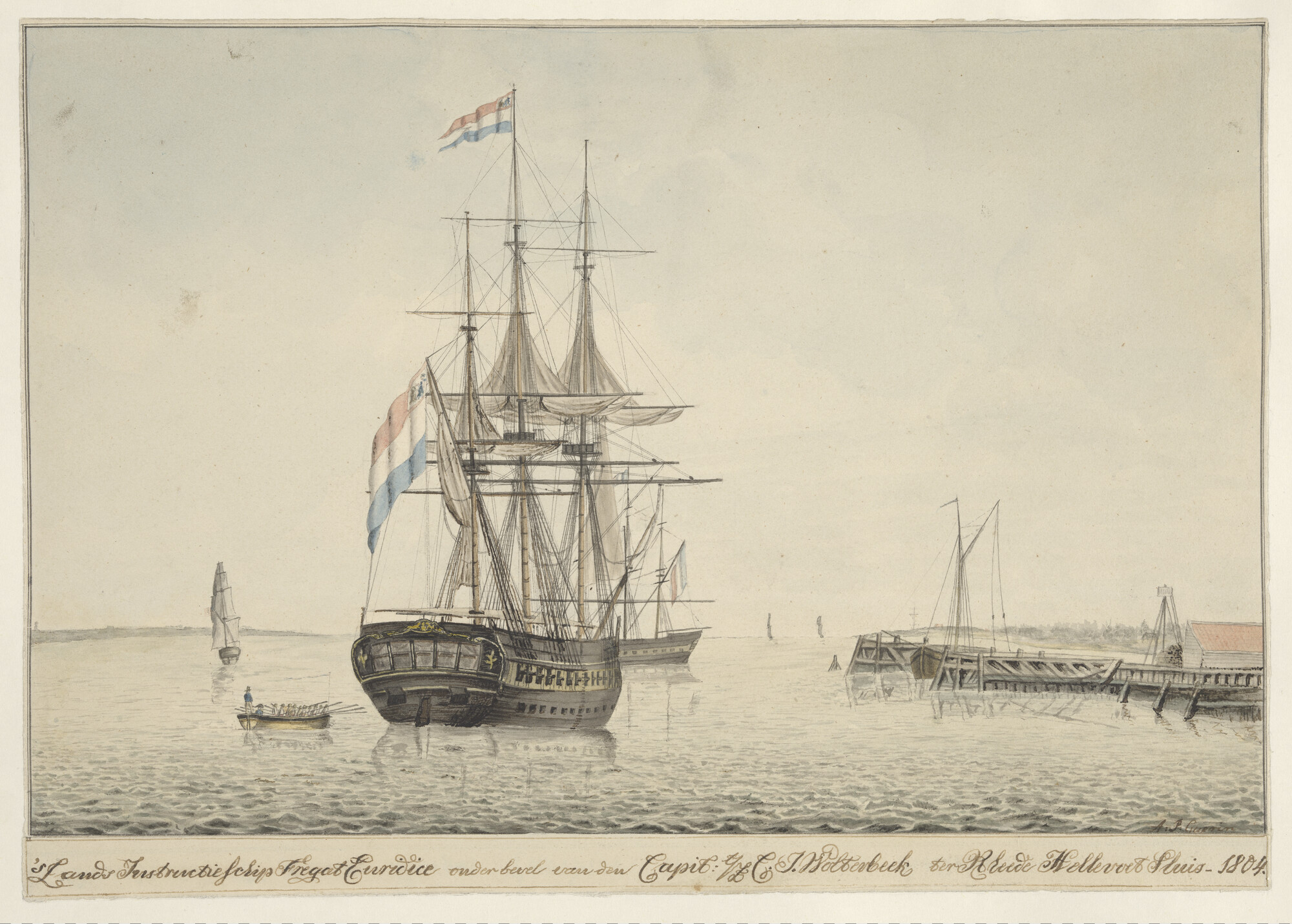 S.1277(01)17; Het instructieschip Zr.Ms. 'Euridice' ter rede van Hellevoetsluis, 1804; tekening
