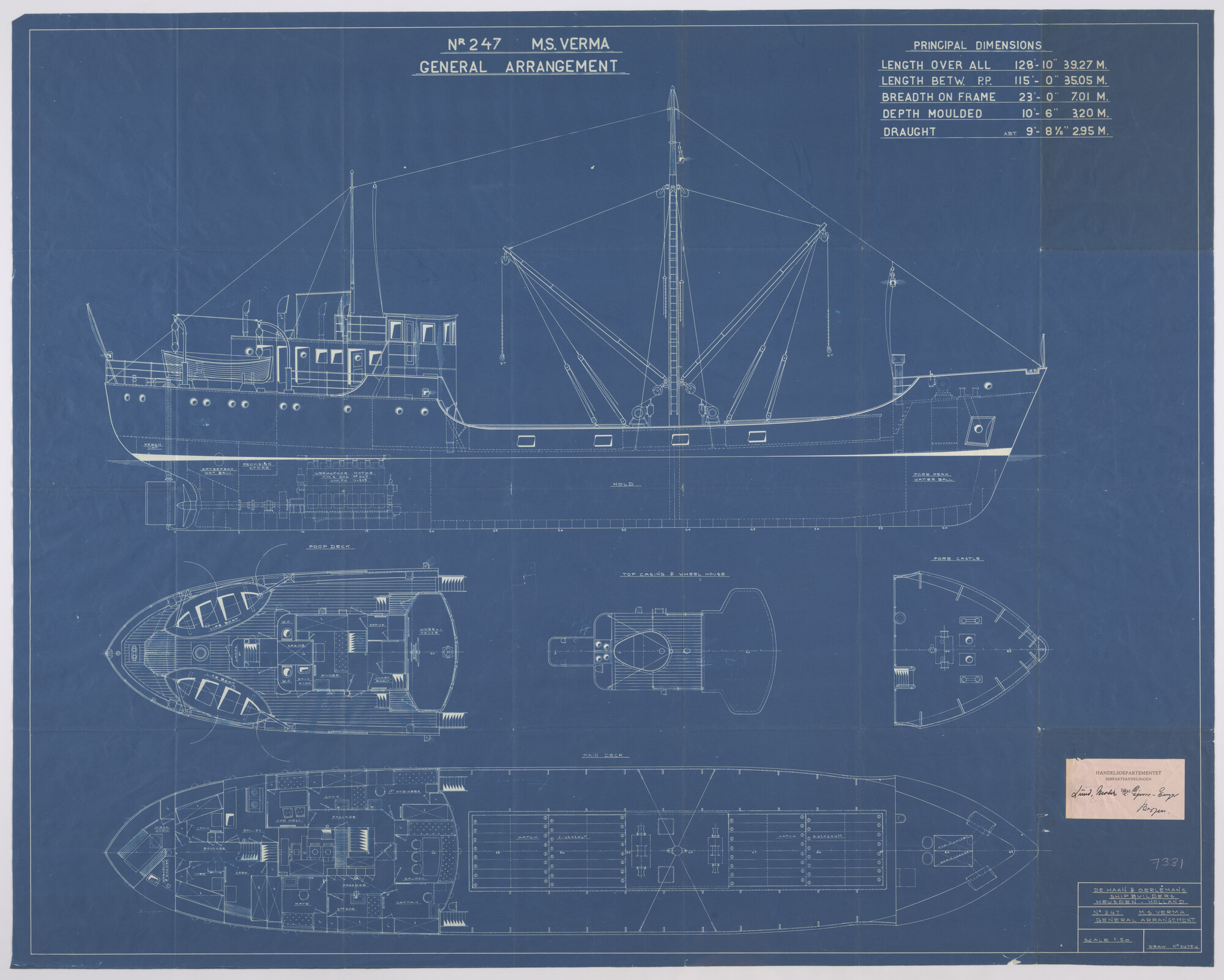 1995.7331; Algemeen plan (1:50) van de coaster ms. 'Verma' van Sverre Nygaard, Bergen; technische tekening