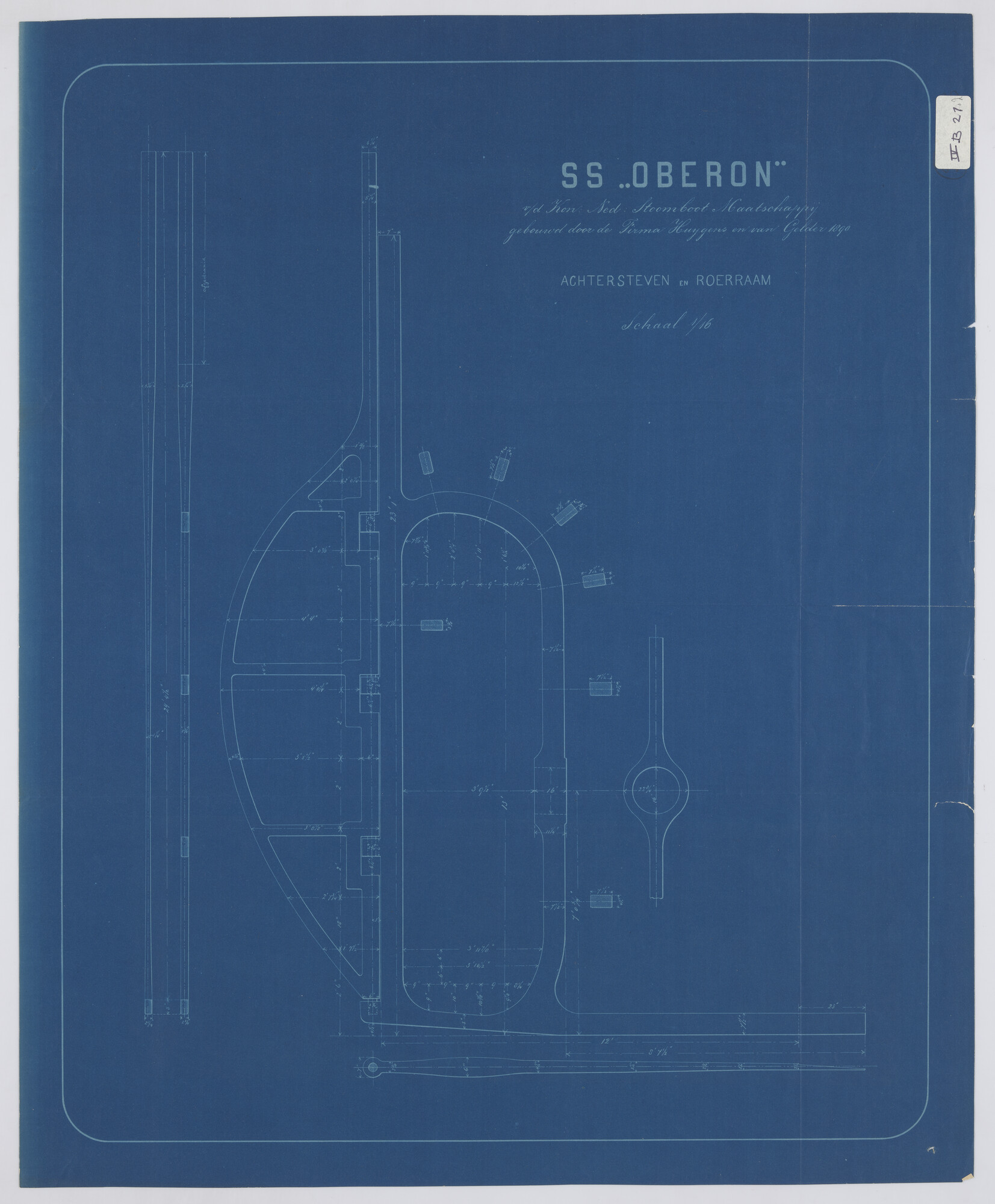 S.0687(02)203; Achtersteven met roerophanging en schroefraam van het schroefstoomschip 'Oberon'; technische tekening