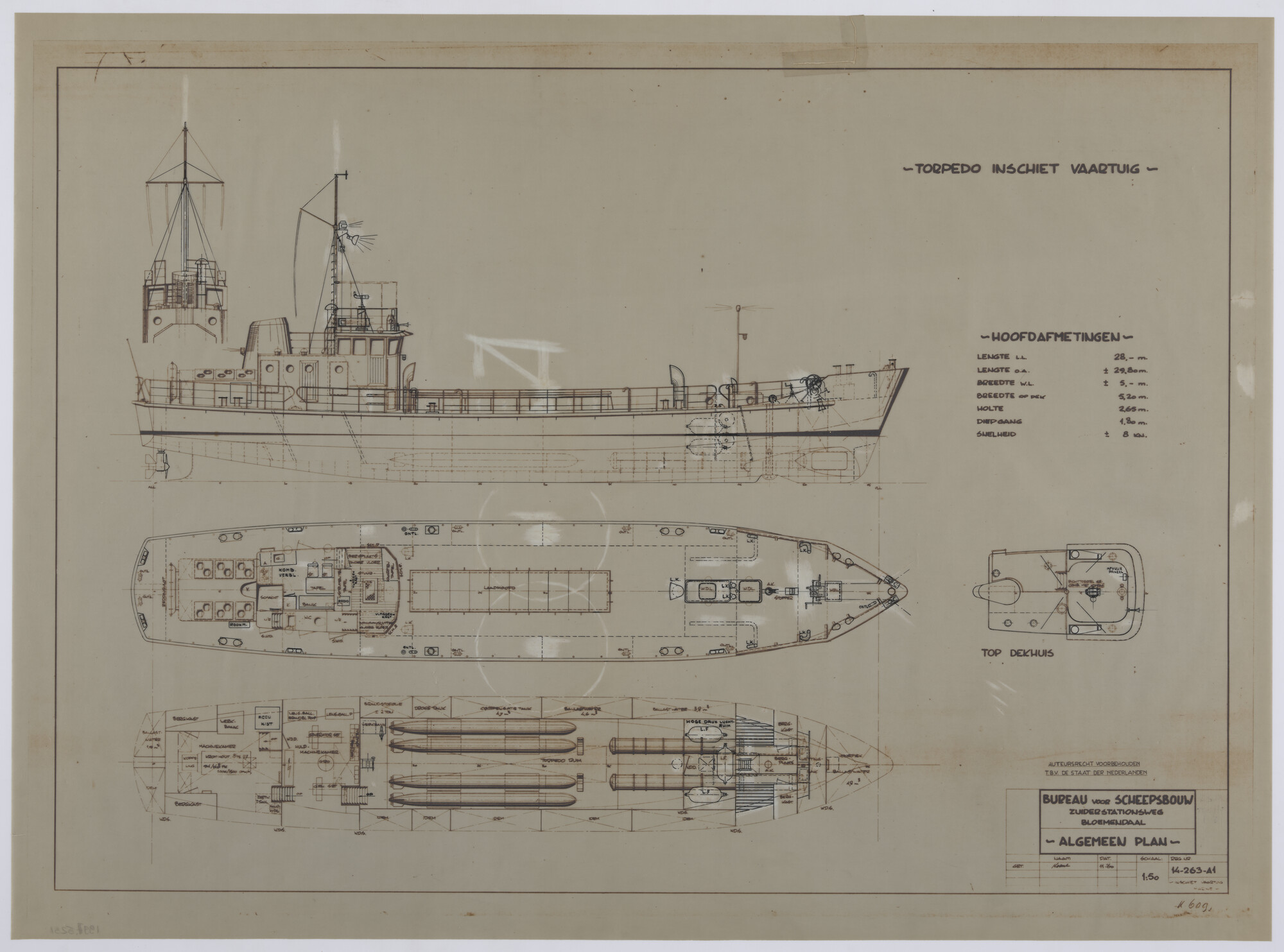 1997.5251; Algemeen plan van het torpedo-inschietvaartuig Hr.Ms. 'Van Bochove'; technische tekening