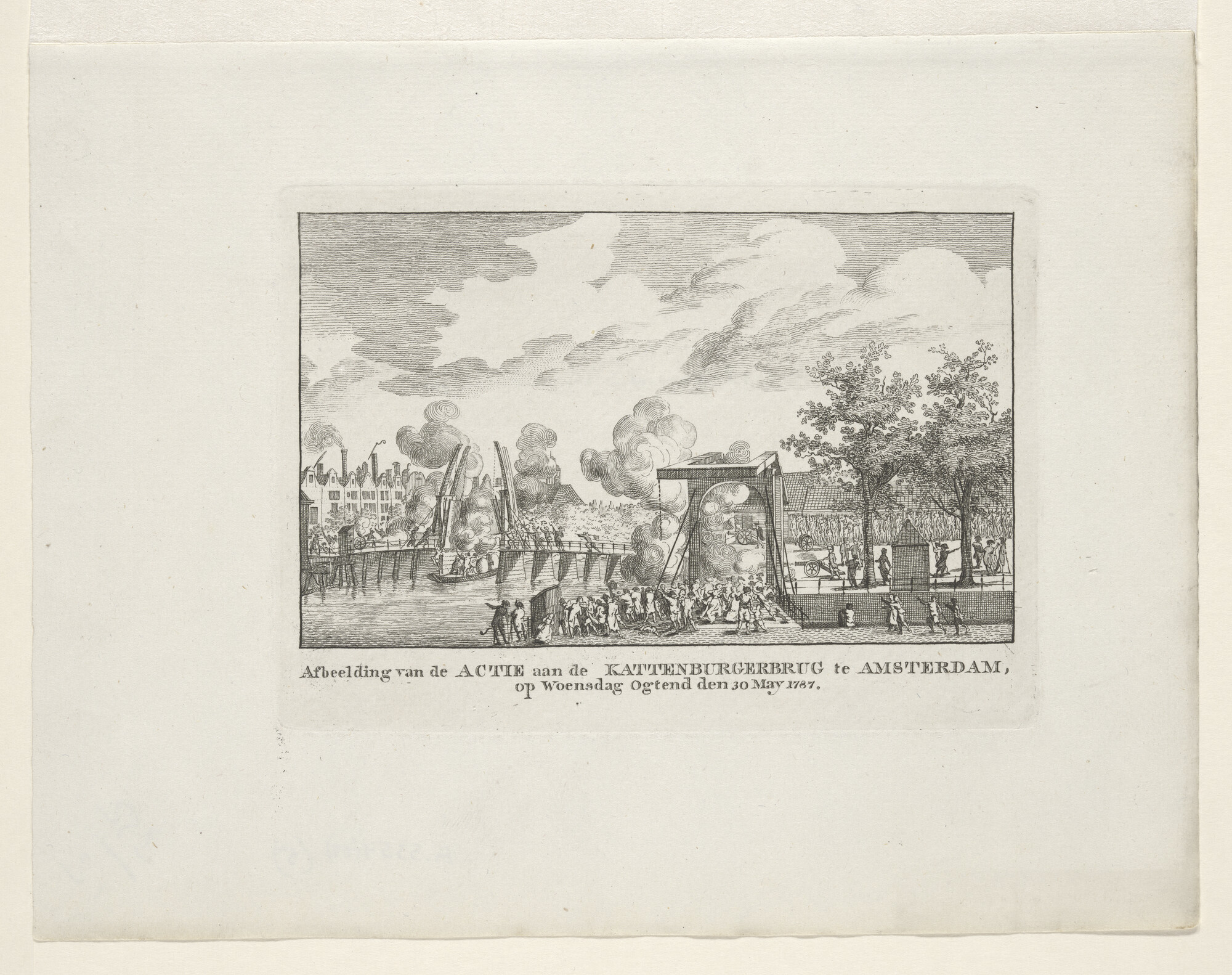 A.5354(05); Afbeelding van de actie aan de Kattenburgerbrug te Amsterdam op woensdag ogtend den 30 May 1787; prent