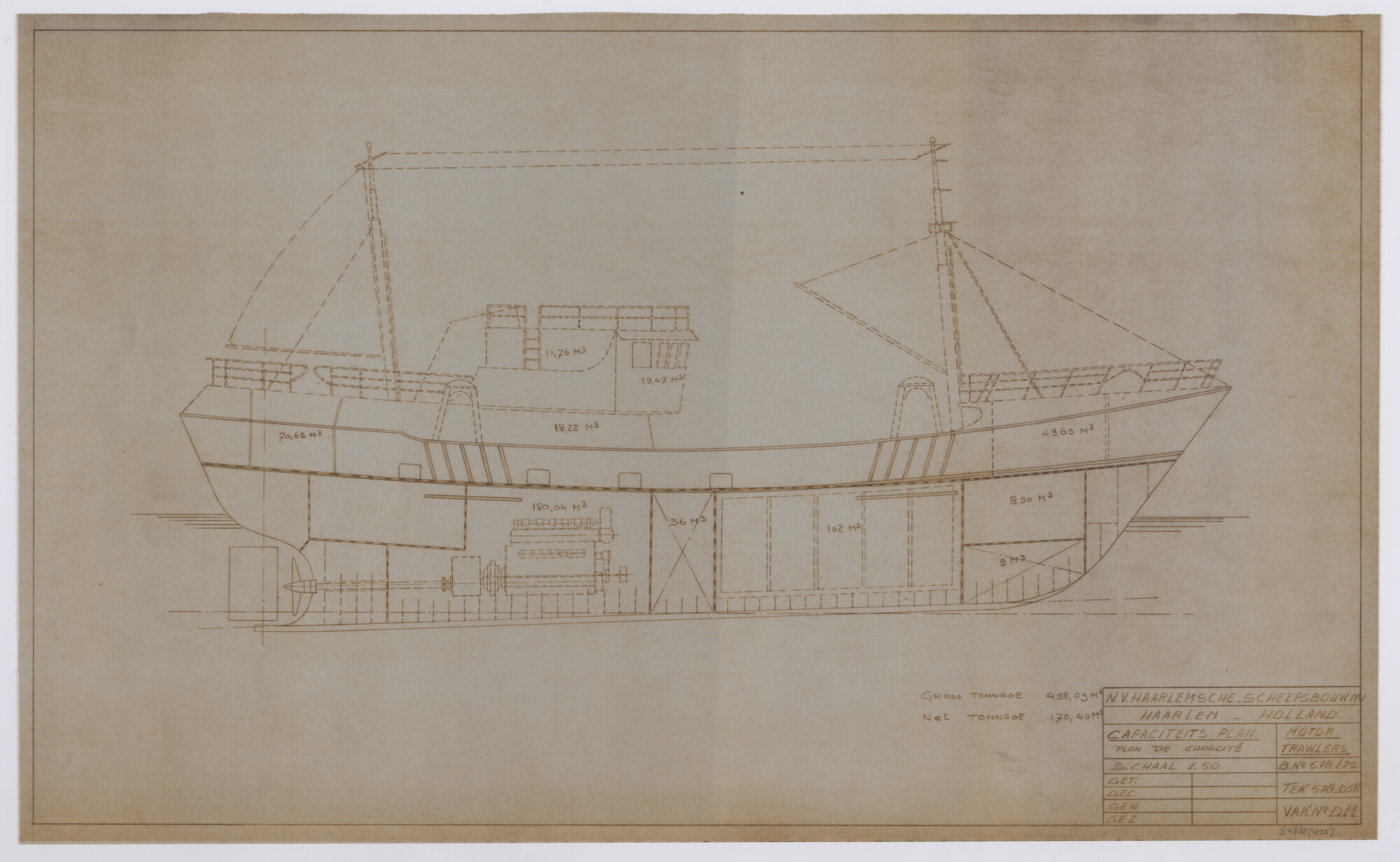 S.4765(435); Capaciteitsplan van een trawler; technische tekening