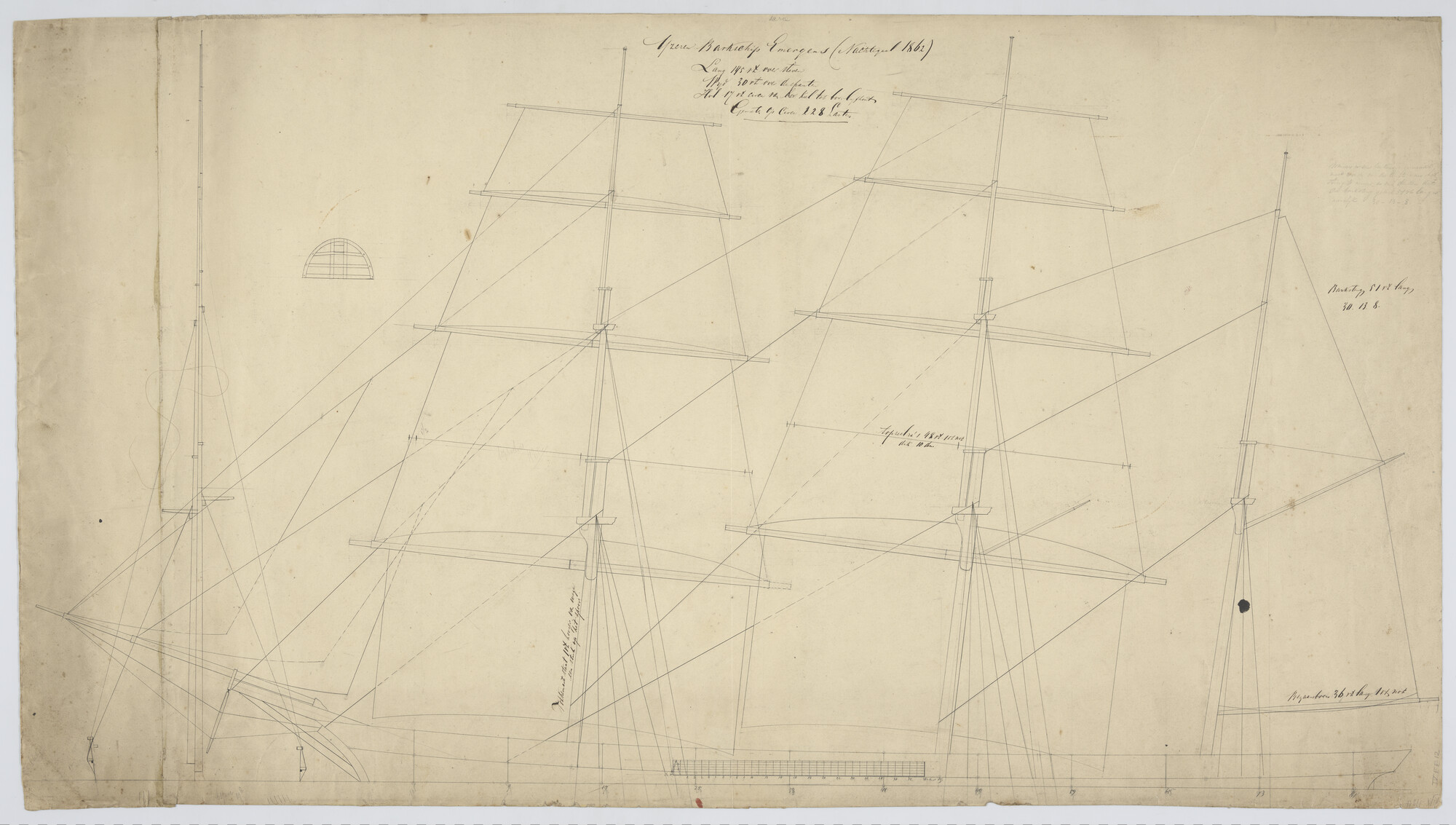 S.1156(05)0030; Tuigtekening met afmetingen van masten en ra's van de bark 'Emergens' 144 x; technische tekening