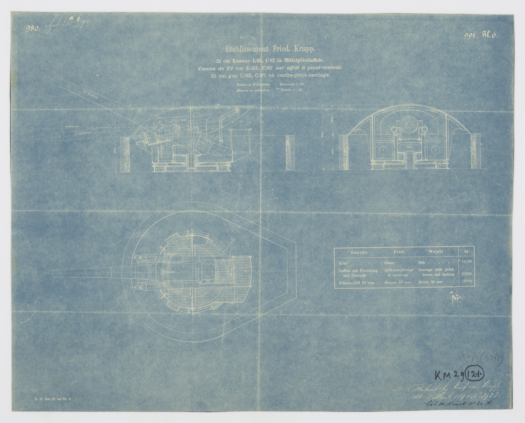 S.2175(4368); Doorsneden van het kanon van 21cm op middenpivot affuit; technische tekening