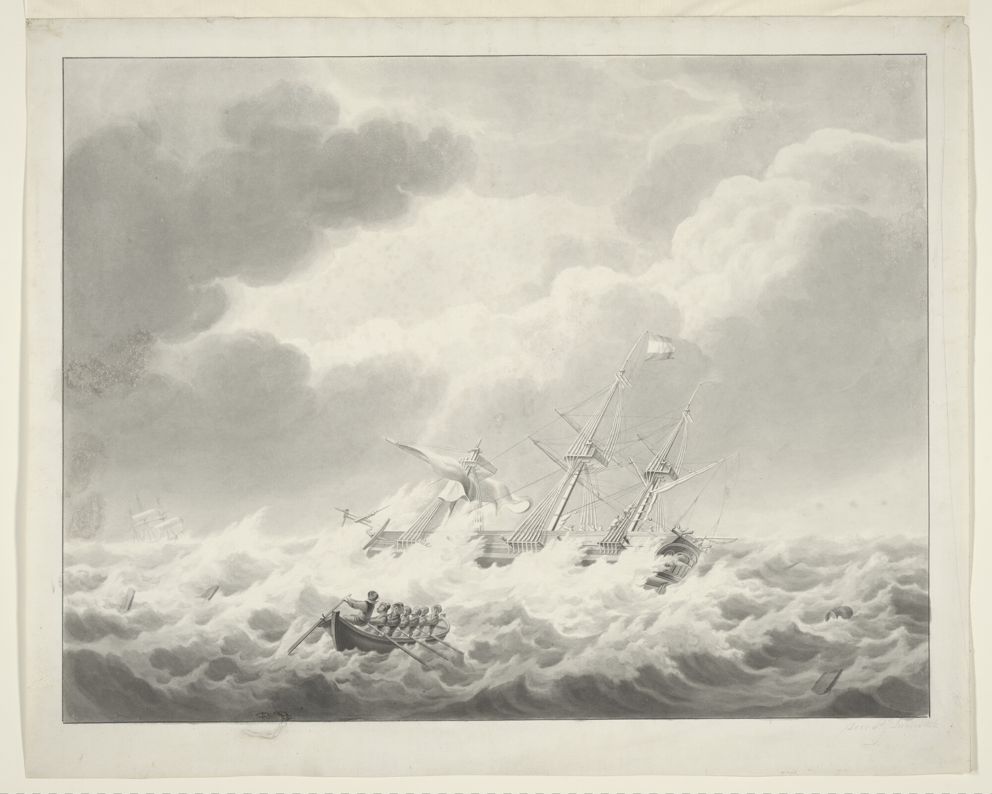 A.3371; Een fregatschip in nood; tekening