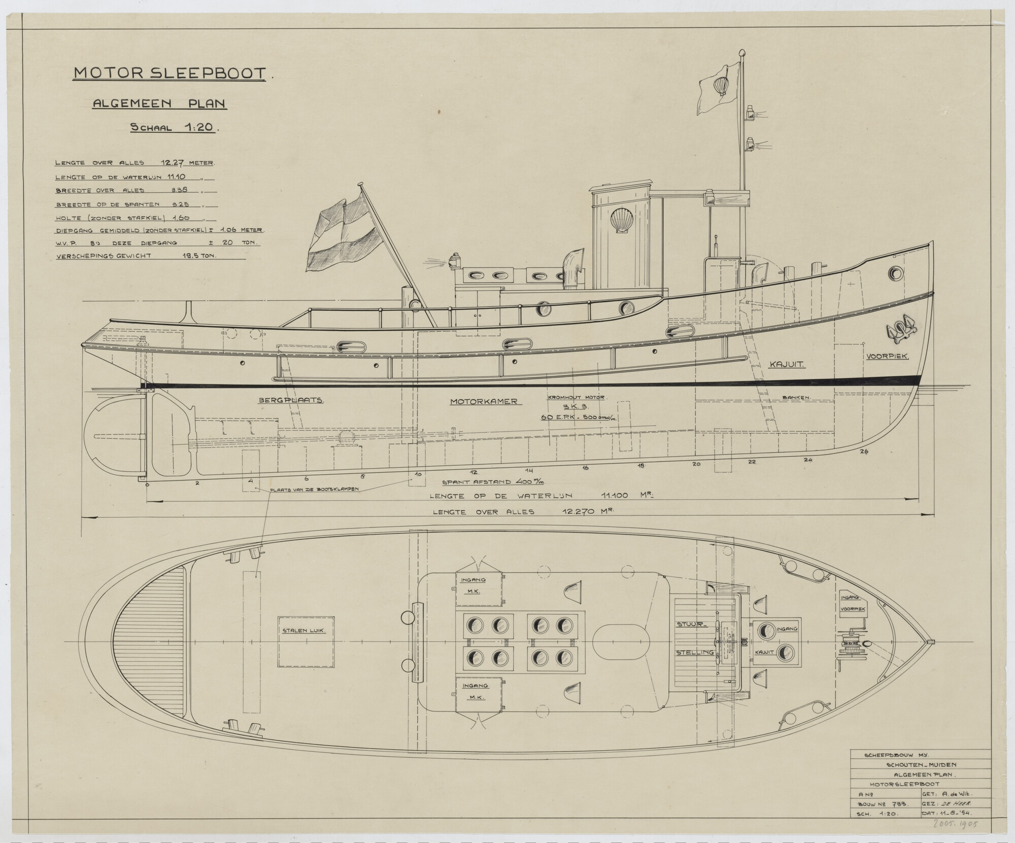 2005.1905; Algemeen plan van een motorsleepboot; technische tekening