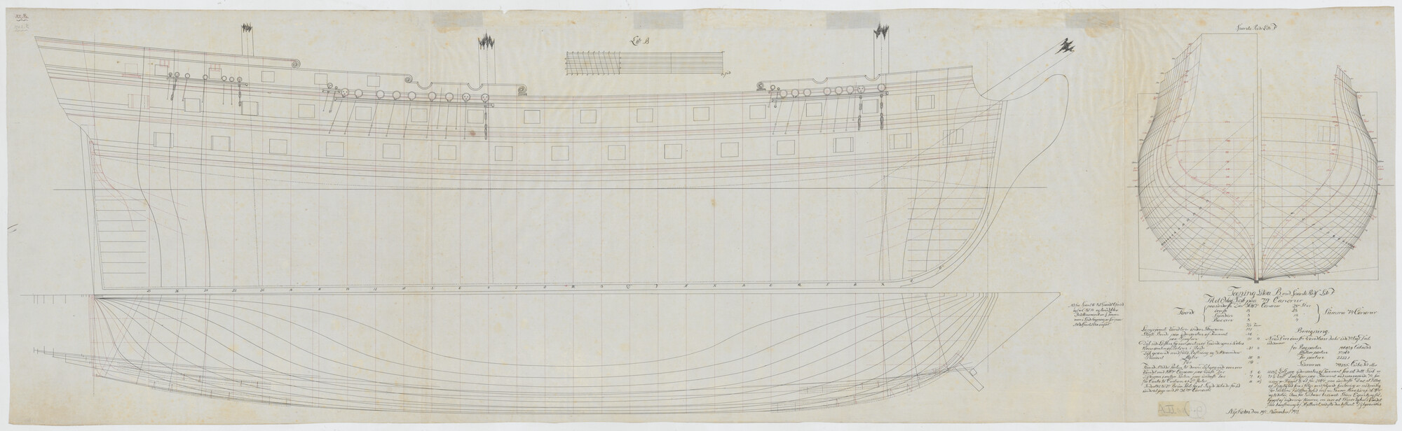 S.0247(09); Lijnenplan van een Deens oorlogsschip van 74 stukken; technische tekening