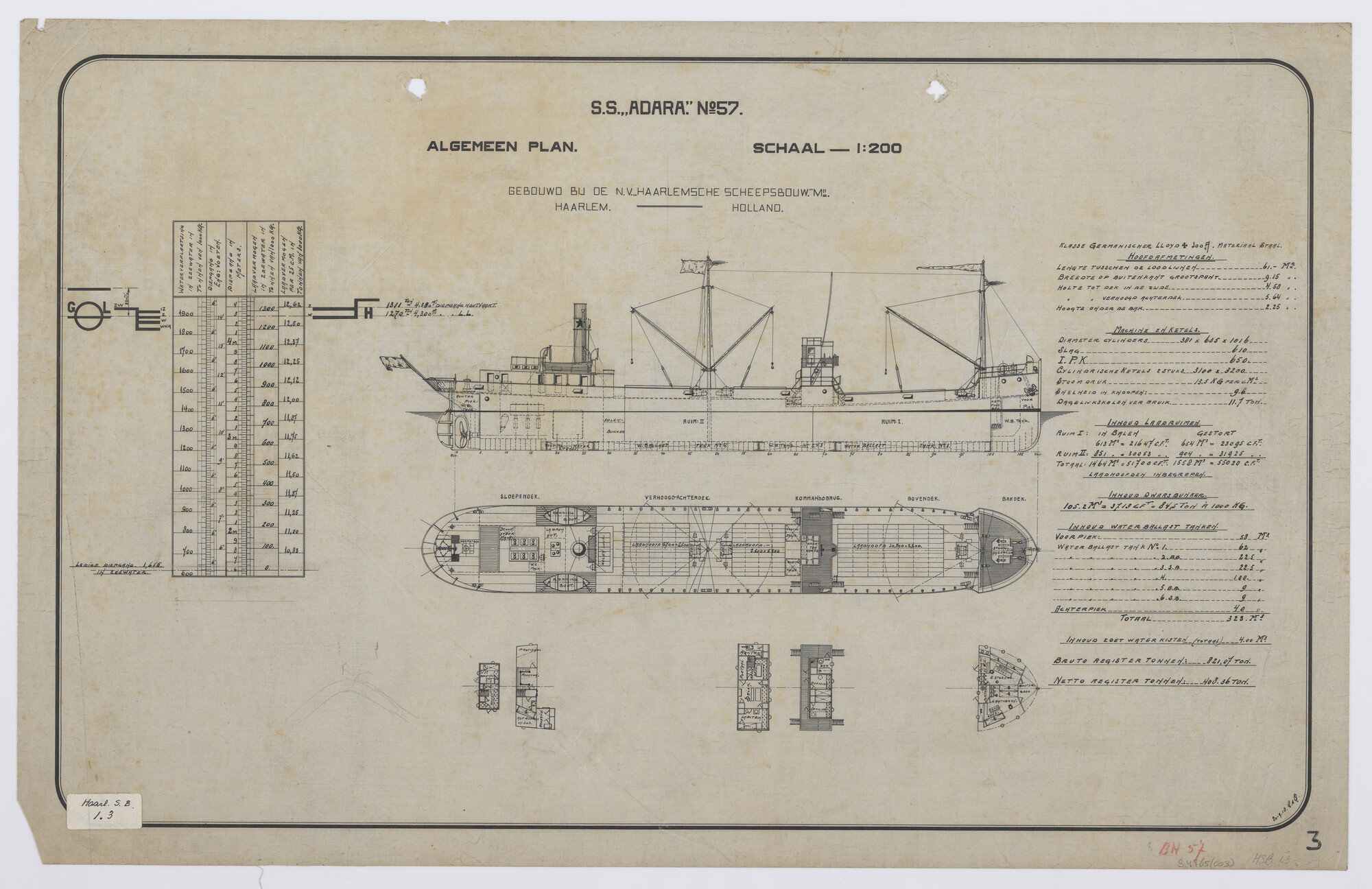 S.4765(003); Algemeen plan van het vrachtschip ss. 'Adara'; technische tekening