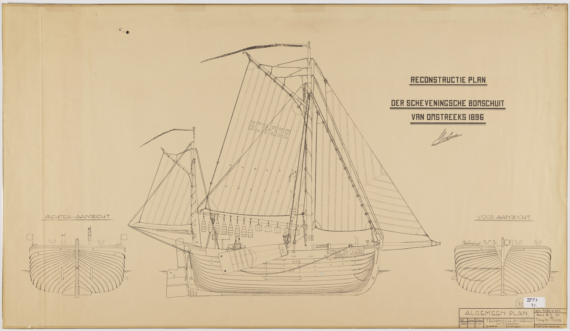 A.2716(02); Reconstructietekening van Scheveningse bomschuit SCH 124 en SCH  328 (1896); technische tekening