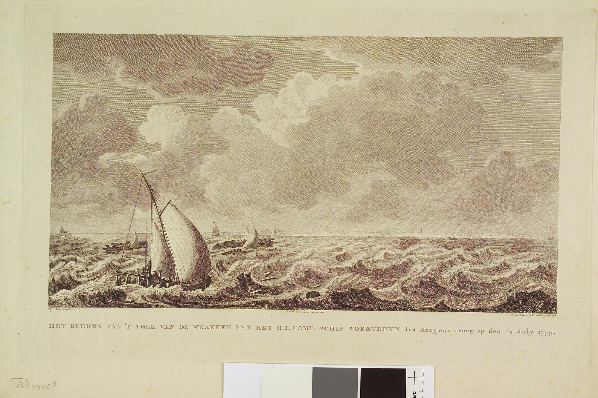 A.0385(04); Schipbreuk van het VOC-schip 'Woestduin', 1779: het redden van het volk; prent