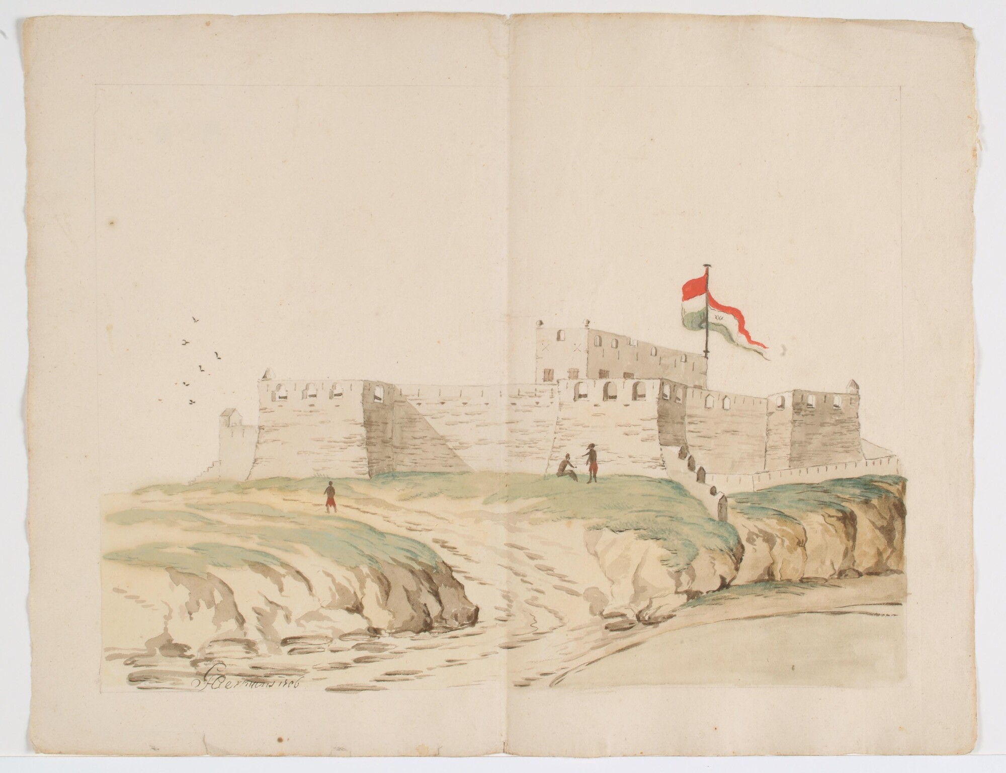 2004.5213; Het Nederlands fort Crevecoeur aan de kust van West-Afrika; tekening