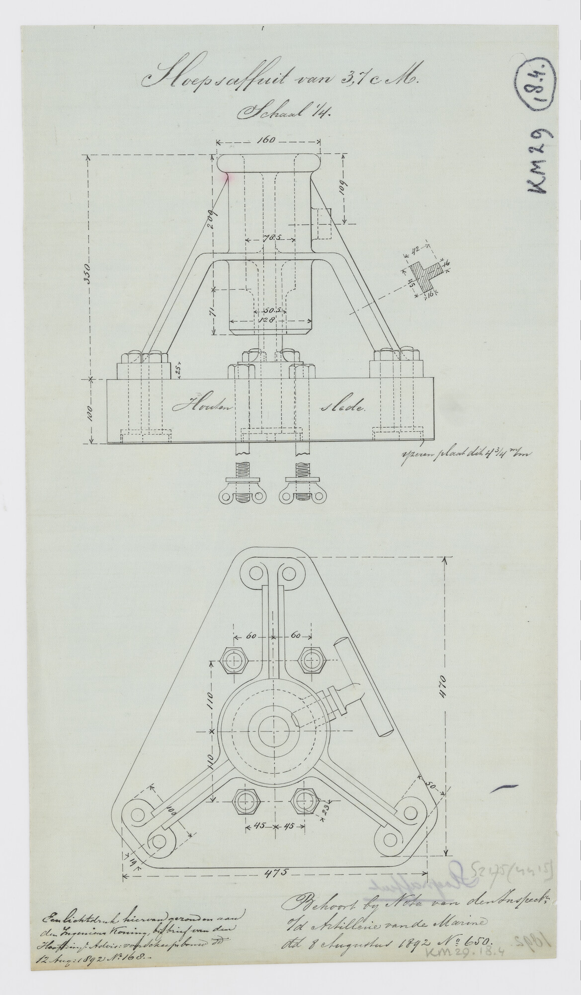 S.2175(4415); Sloepsaffuit voor een snelvuurkanon van 3.7 cm; technische tekening