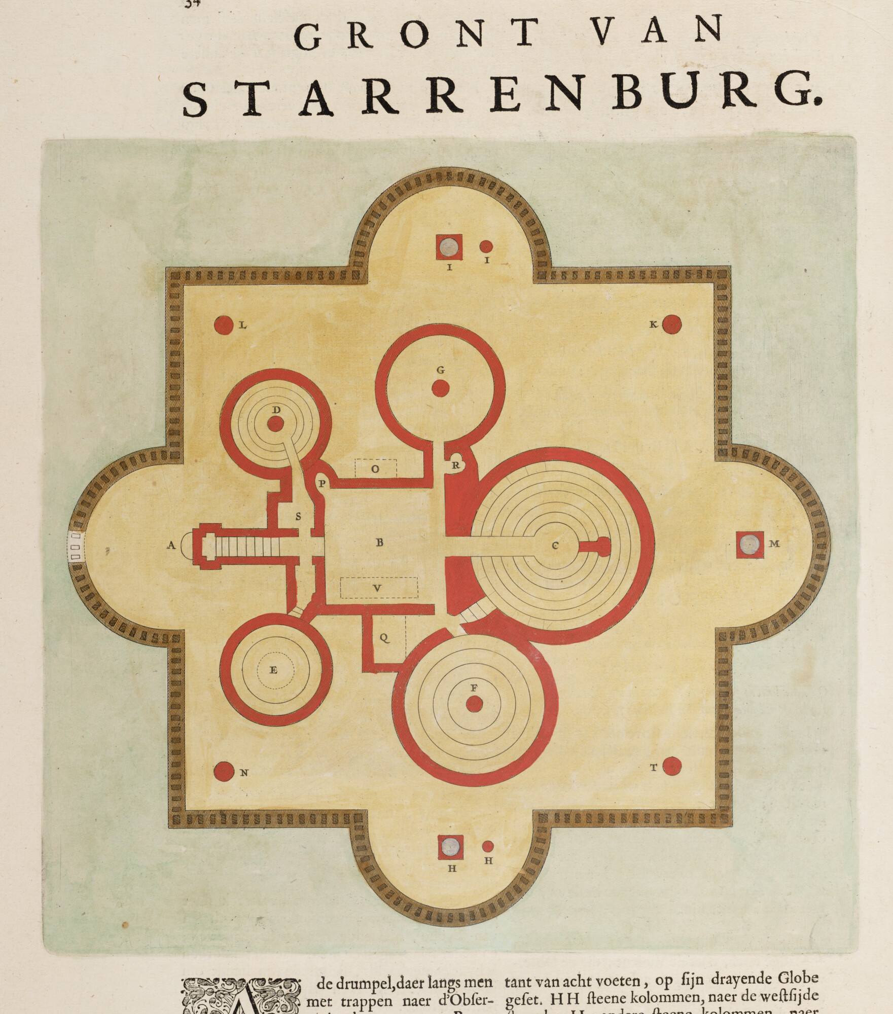 S.1034(01) [kaart 041]; Plattegrond van 'Sterrenburg', onderdeel van het observatorium Uraniënborg van Tycho Brahe op het eiland Hven in de Sont; prent