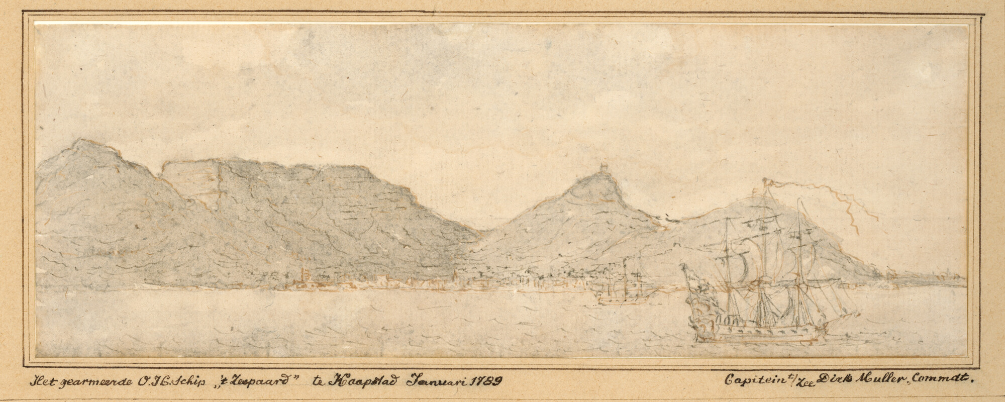 S.1277(01)34; Het retourschip 'Zeepaard' ter rede van Kaapstad; tekening