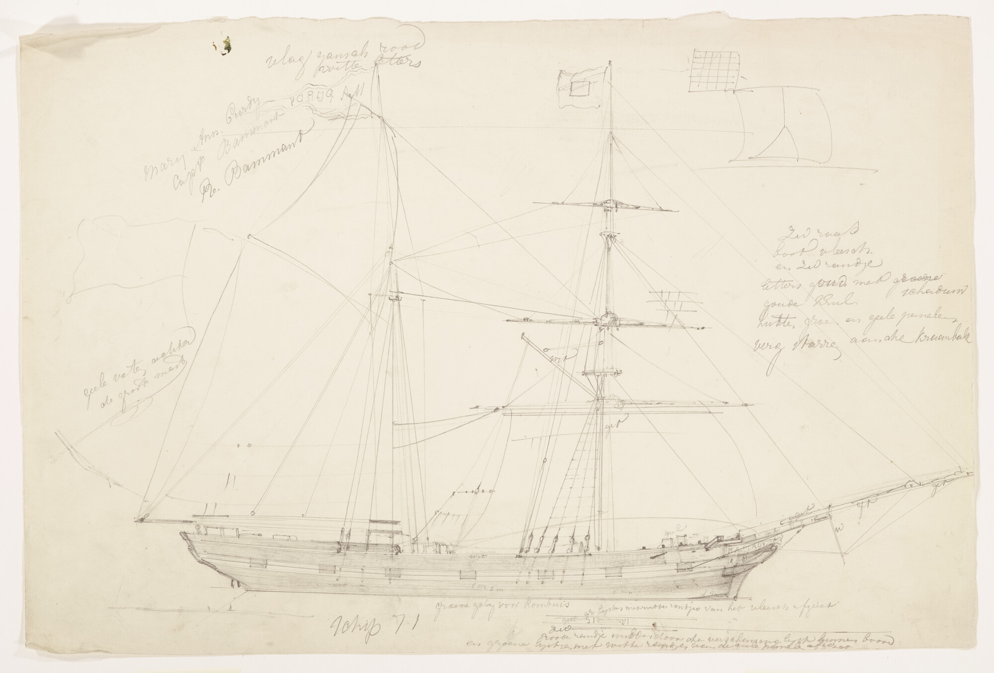 S.3107(07)174; Schets van een tweemastzeilschip; tekening