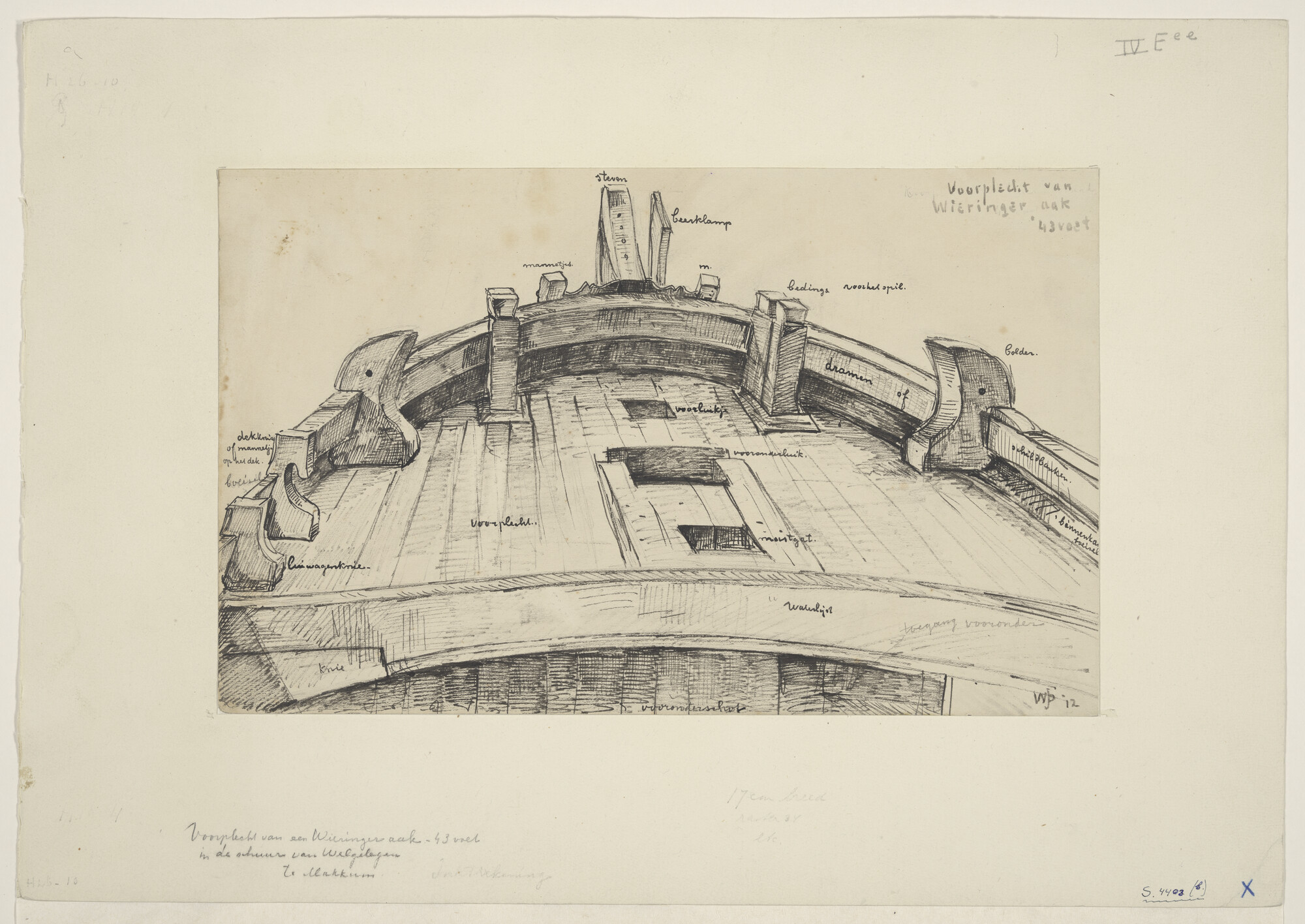 S.4403(b); De voorplecht van een Wieringer aak van 43 voet; tekening