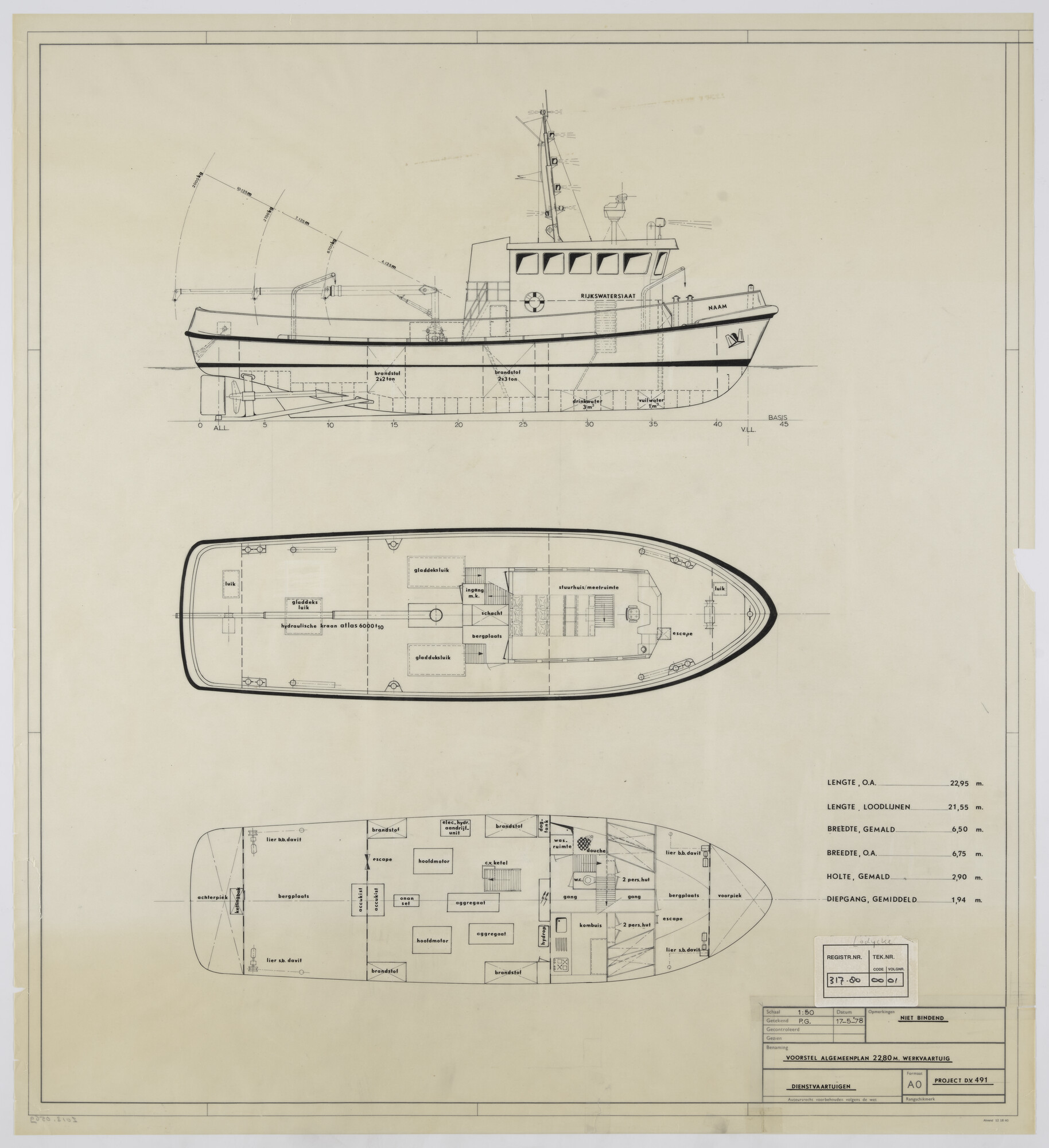 2013.0569; Algemeen plan (voorstel) van het wrakdetectievaartuig Lodycke van 22.95 meter; technische tekening